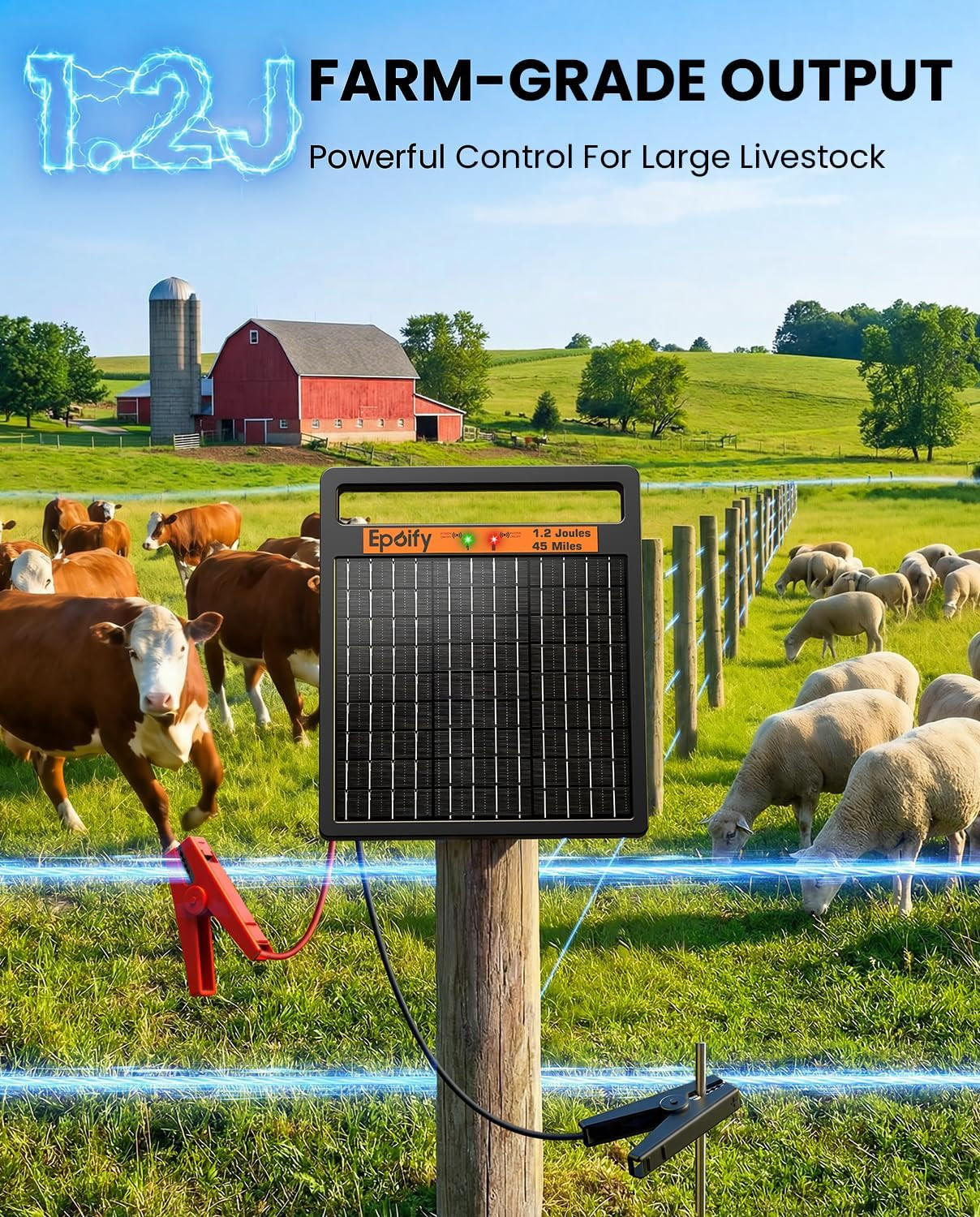 Solar Electric Fence Charger 1.2J Stored Energy, 45 Miles Coverage,8W Solar Fenc
