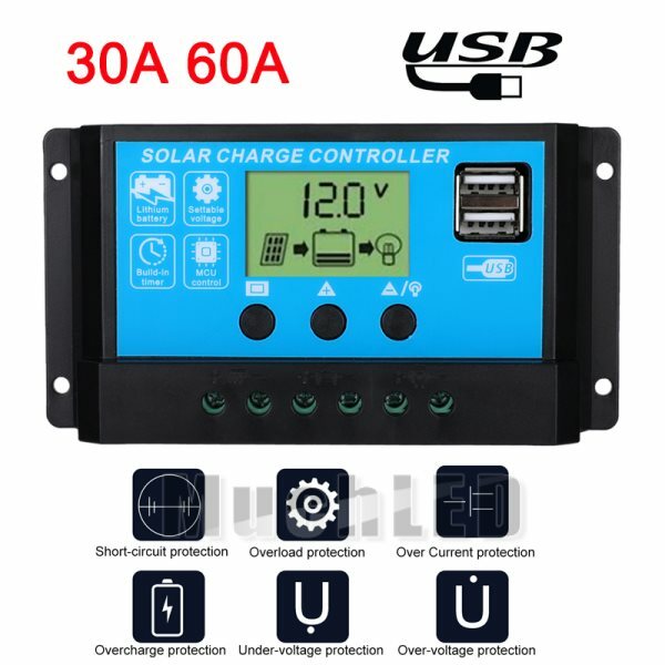 60A 30A PWM Solar Panel Battery Regulator Charge Controller Dual USB 12V 24V