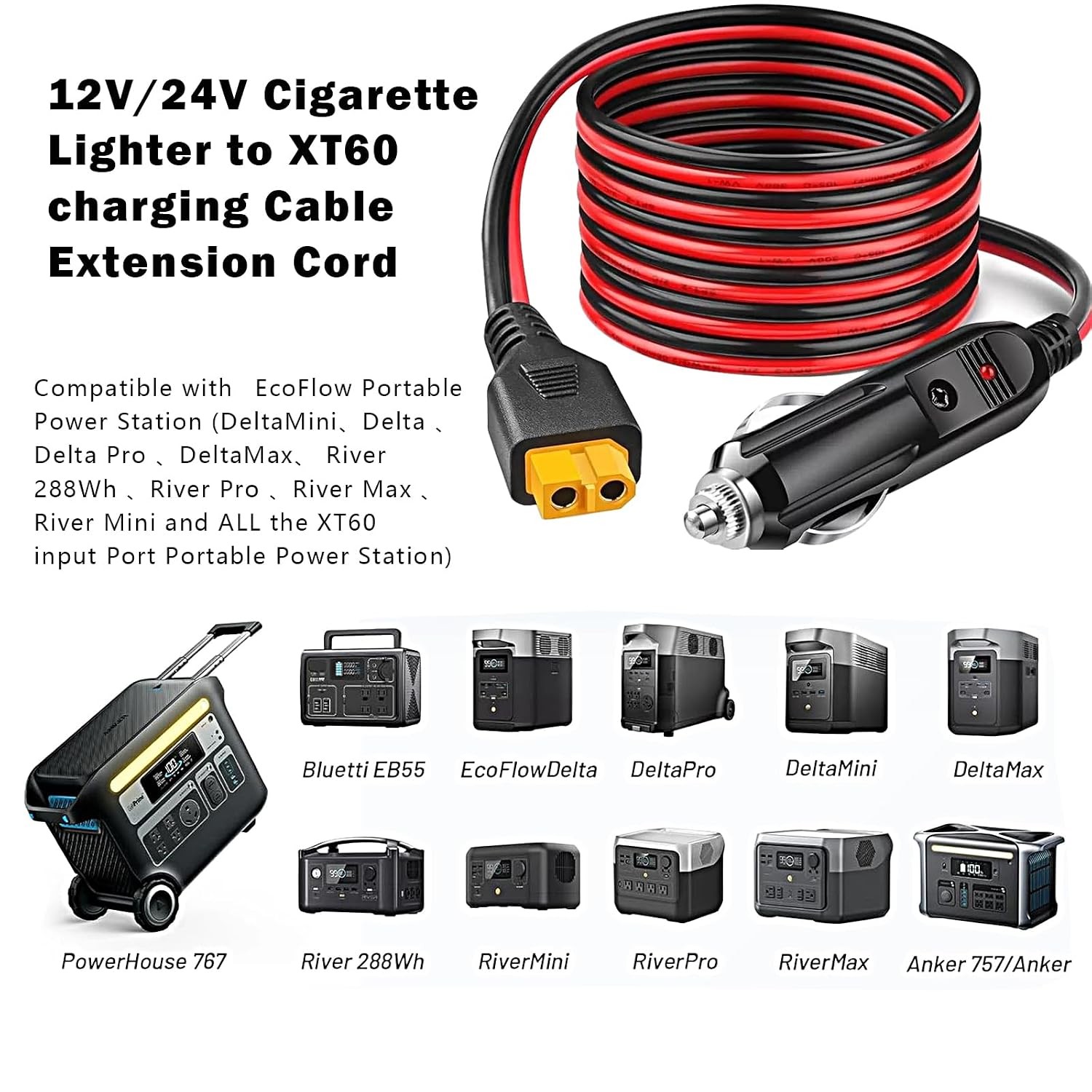 12V/24V Cigarette Lighter XT60 Car Charger Plug for Ecoflow Delta/River/River 2