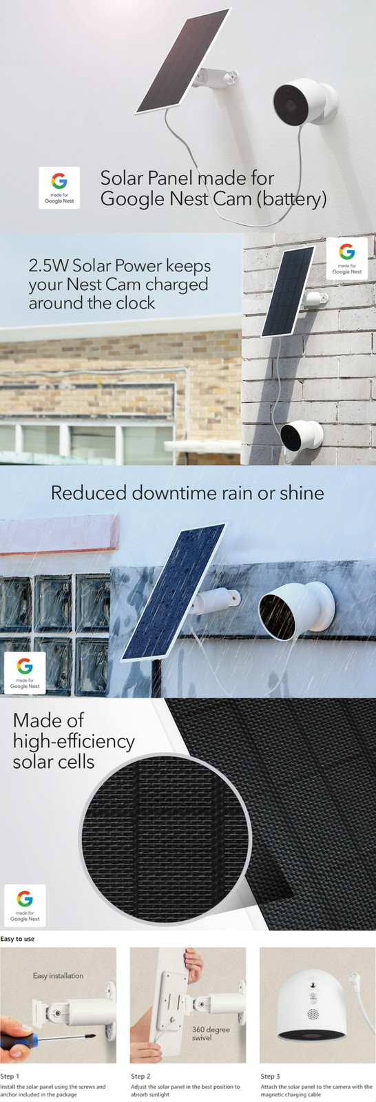 2.5W Solar Panel for Google Nest Cam Outdoor or Indoor, Battery ( 2 Pack)