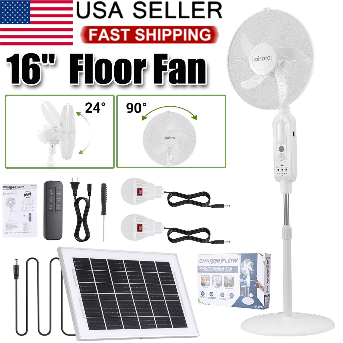 16″ Floor Standing Solar Fan W/ 2 LED Bulbs, Remote Control, AC + Solar Charging