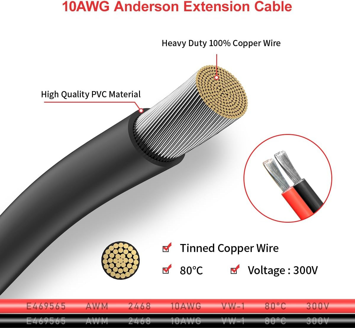 10AWG 75FT Anderson Extension Cable 2 6 10 20 35 50 75 100FT Solar Extension Cab