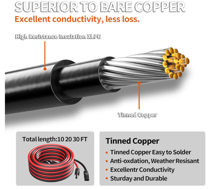 Cable solar 10AWG con conectores, 20FT rojo y negro, ideal para paneles solares.