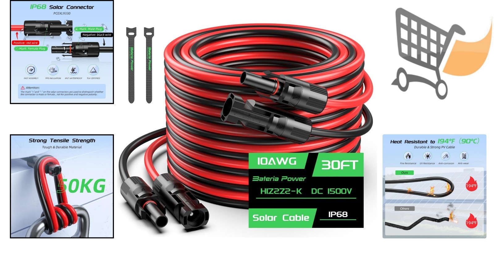 30FT 10AWG Solar Extension Cable Waterproof Connectors for RV and PV Systems