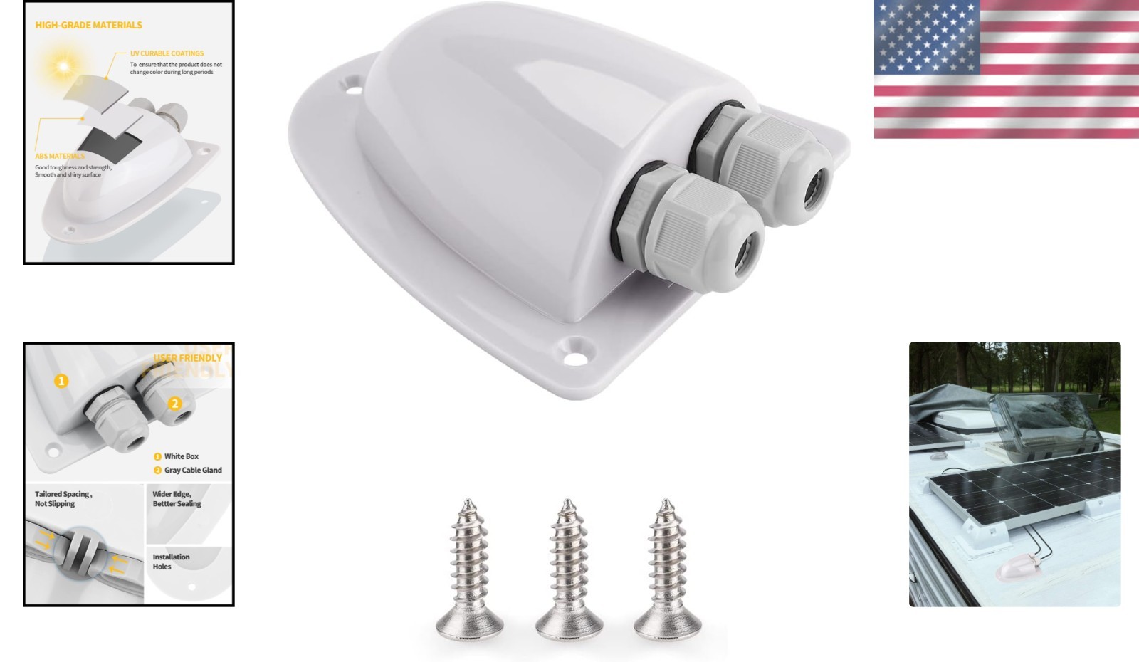 White Solar Double Cable Entry Gland Box, Ideal for RVs & Marine Use