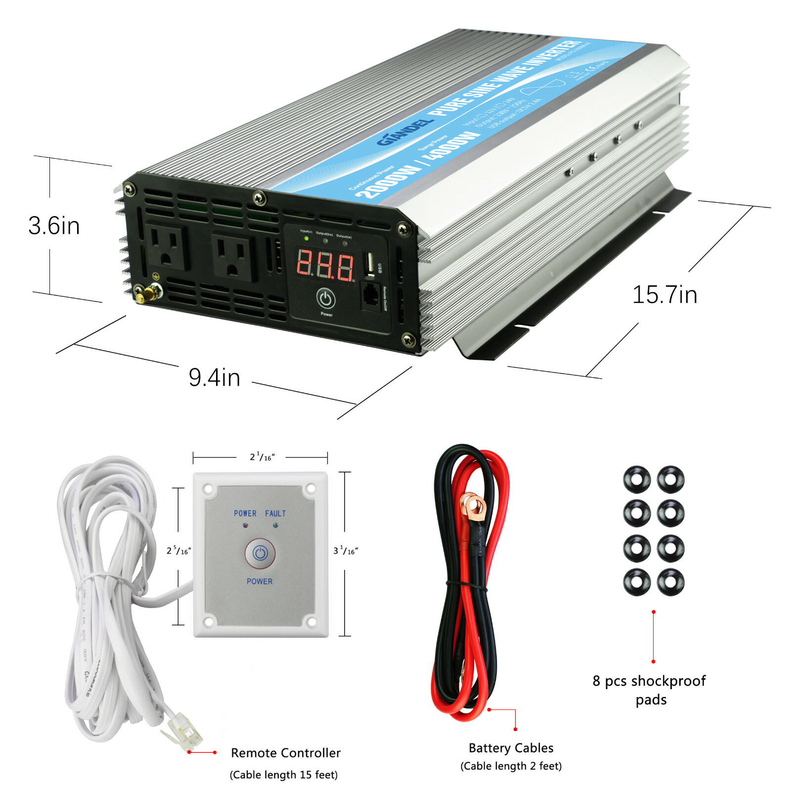 Pure Sine Power Inverter 2000W 24V to 110V~120V with Dual AC Outlets LED Display