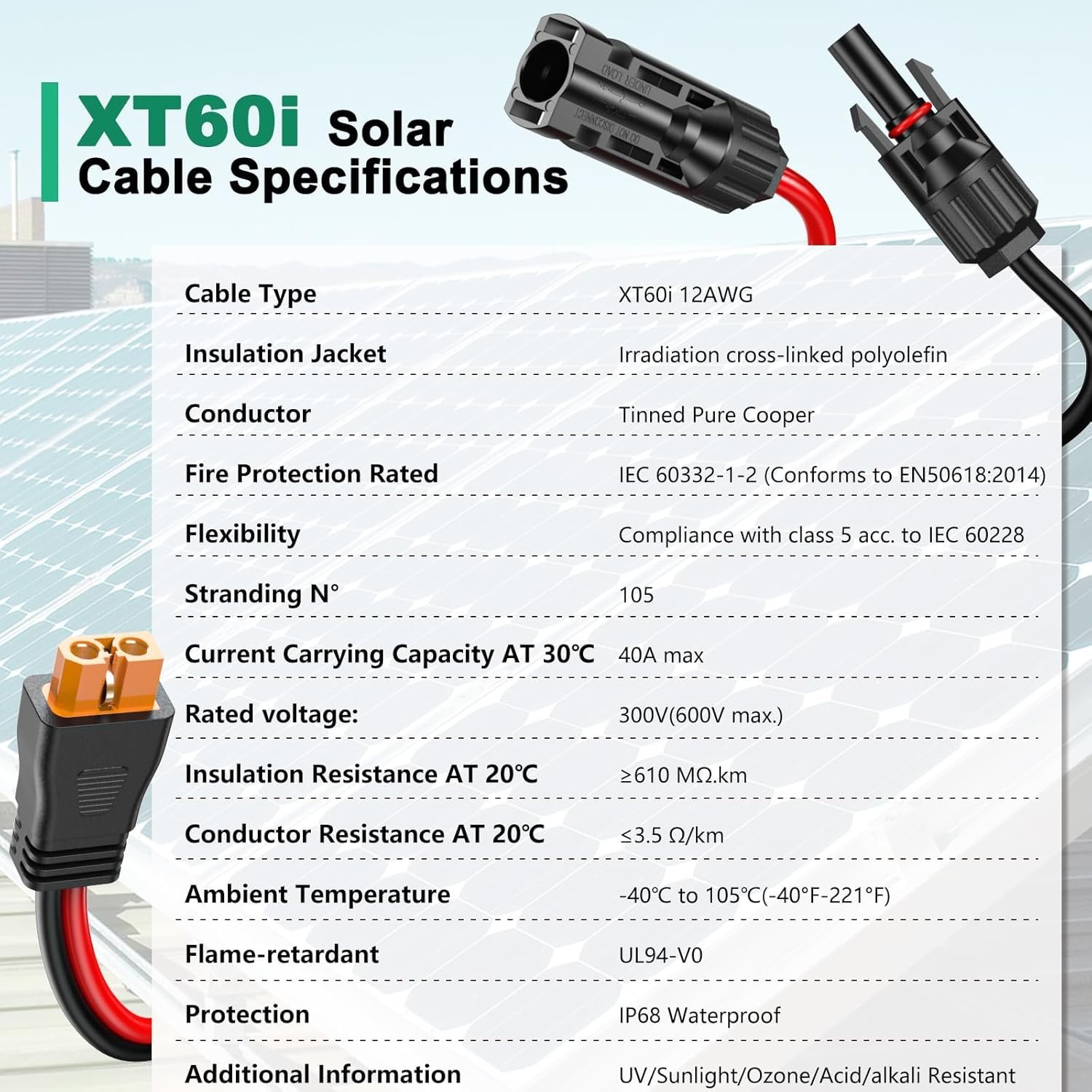 12AWG XT60i Solar Cable 20FT, Solar to XT60i Cable 3 10 15 25 30 40 50FT, Sol…