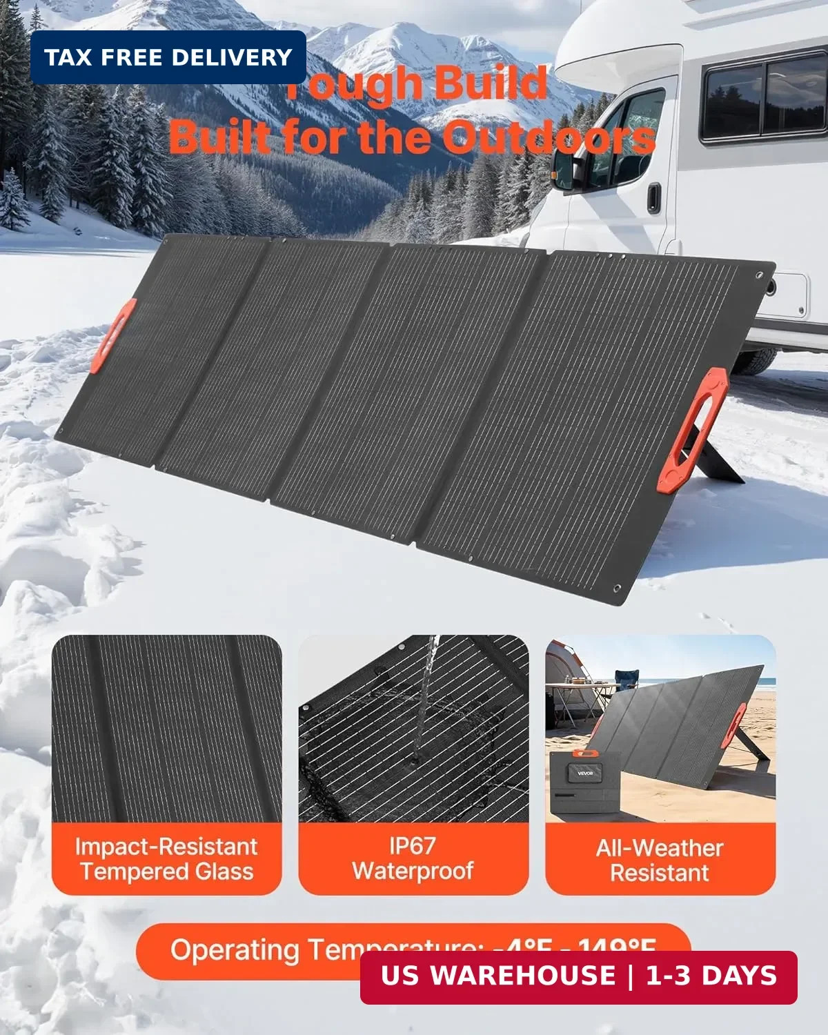 VEVOR 300W Foldable Monocrystalline Solar Panel, 23% High-Efficiency Portable Mo