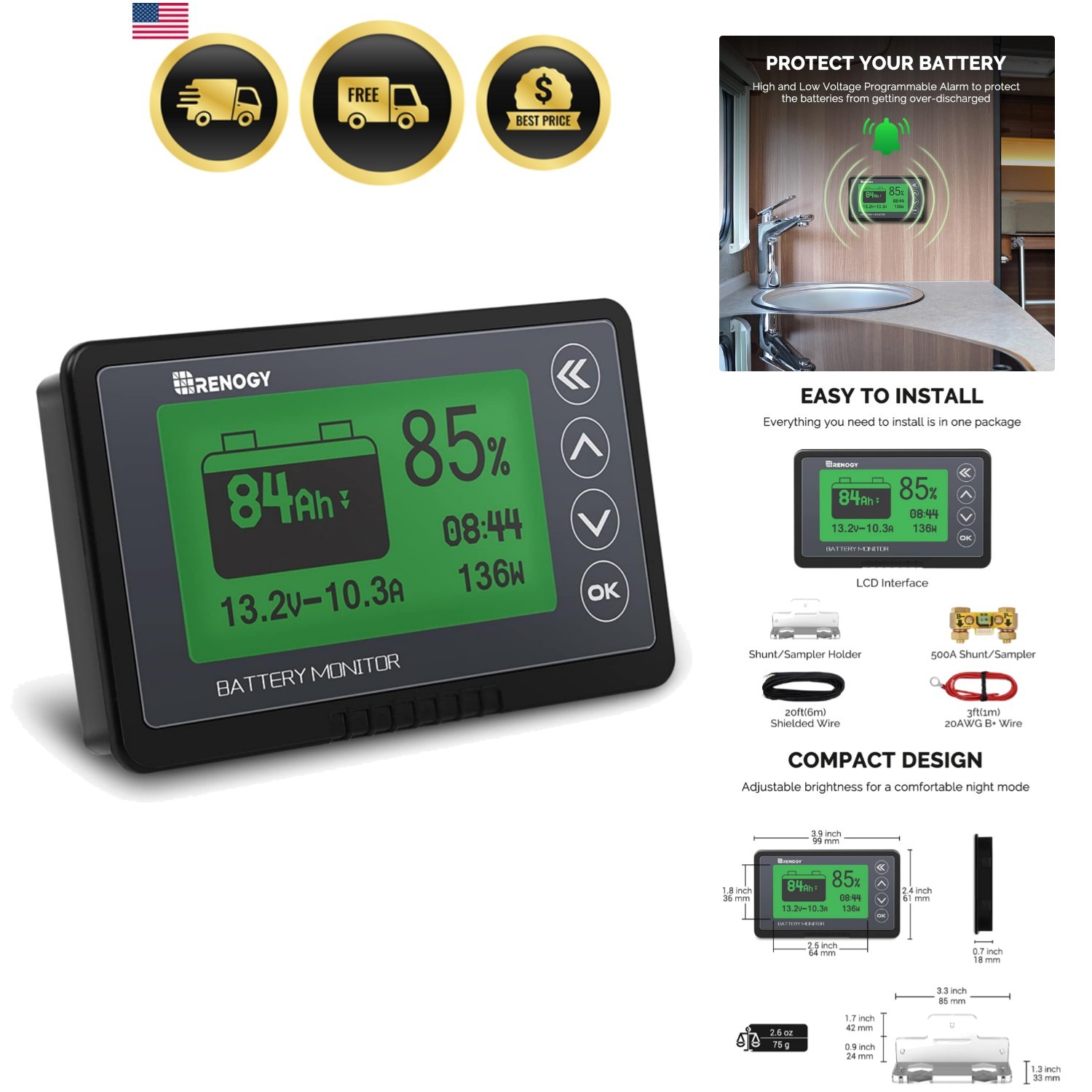 500A Battery Monitor with Shunt, High and Low Voltage Programmable Alarm, Ran…