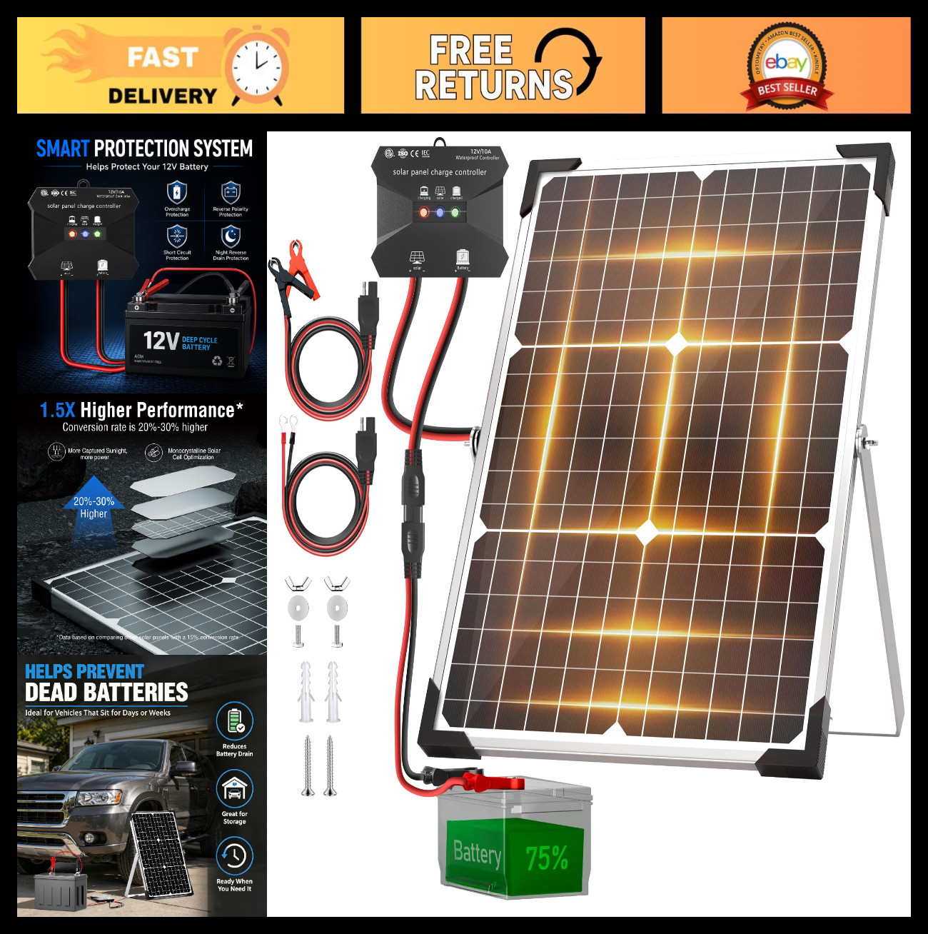 30W Solar Battery Charger Kit – 12V Waterproof Solar Panel with 10A Controller,