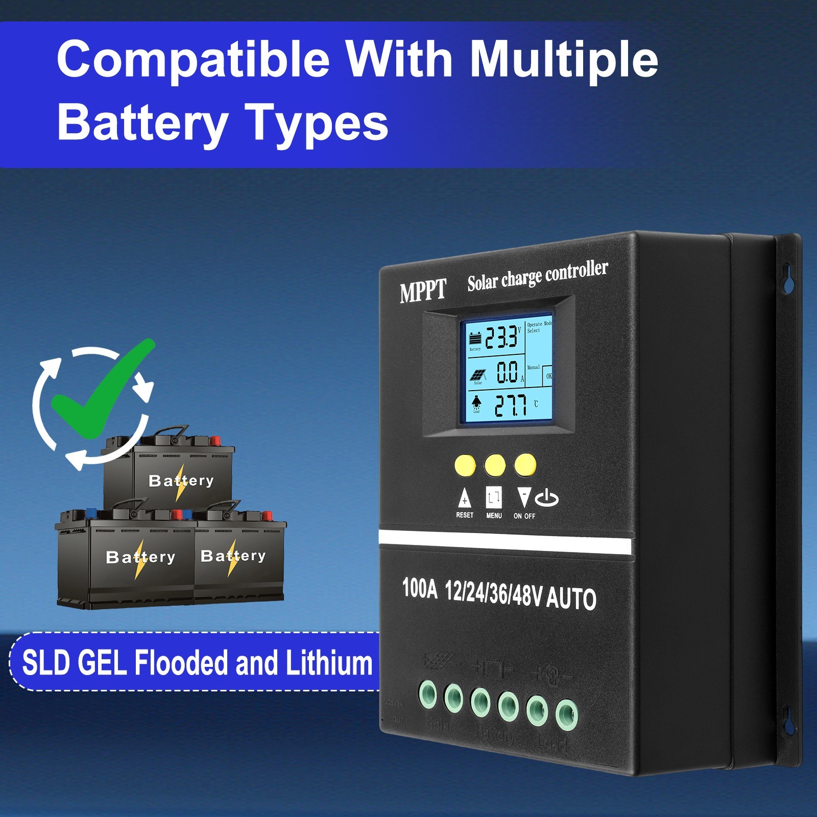 Solar Controller for 12V 24V 36V 48V Systems with LED Display and USB Charging