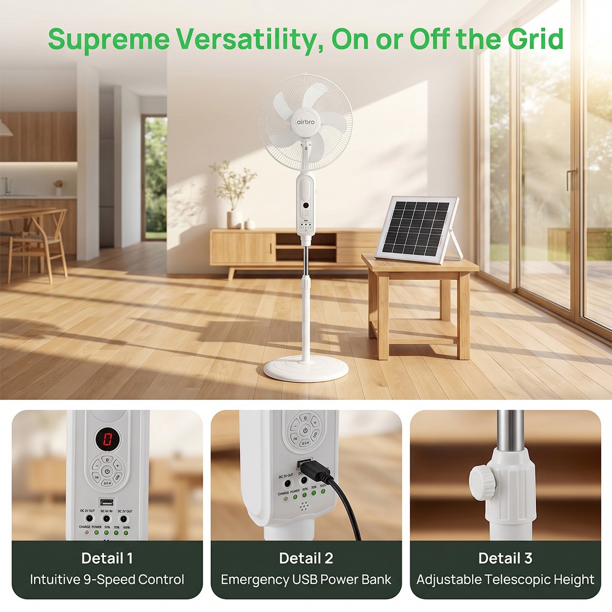 16″ Rechargeable Floor Standing Fan + 2PCS LED Bulbs w/ Remote AC & Solar Charge