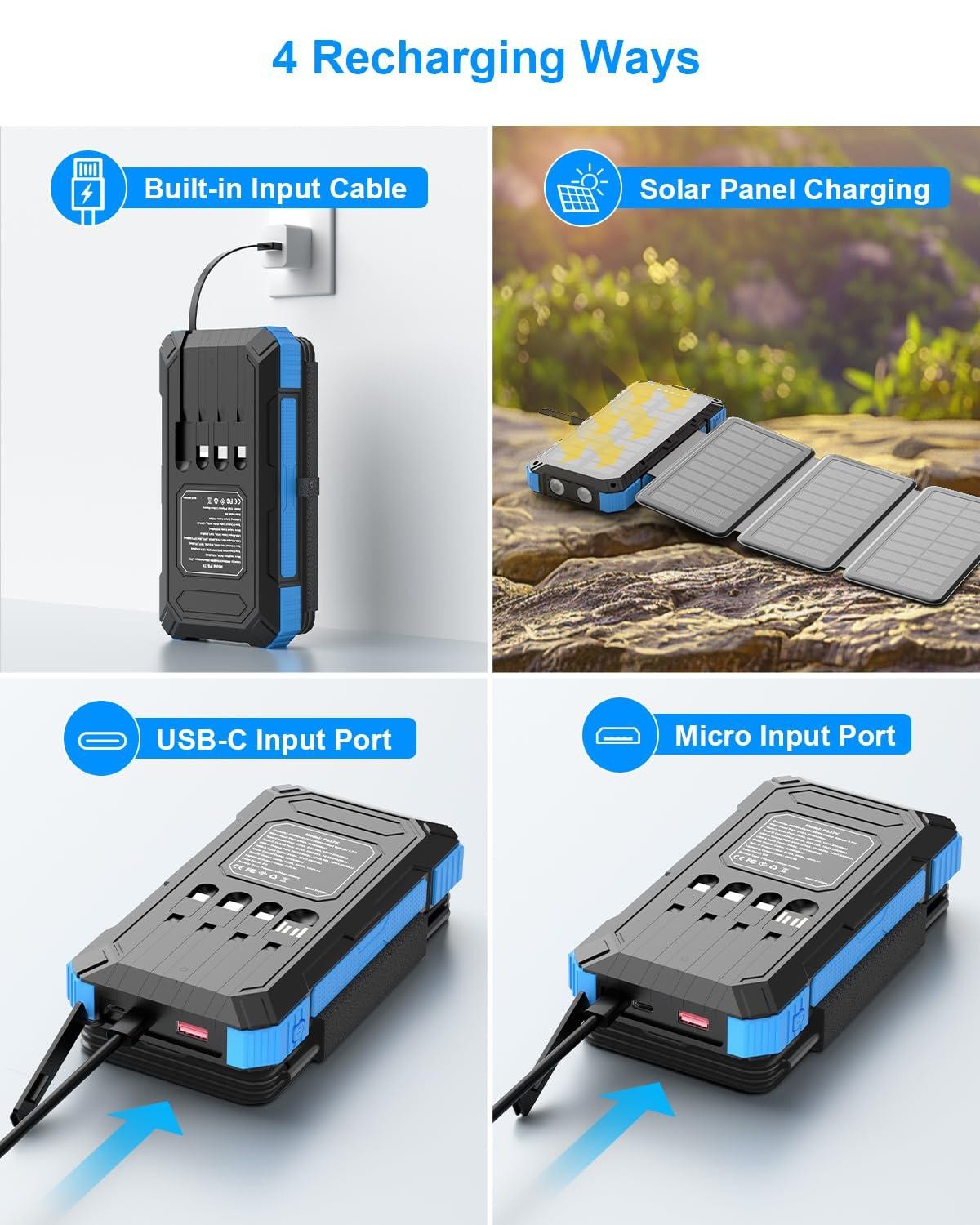 Kepswin Solar Charger Power Bank 49800mAh with 4 Built-in Cables & 3 Foldable Pa