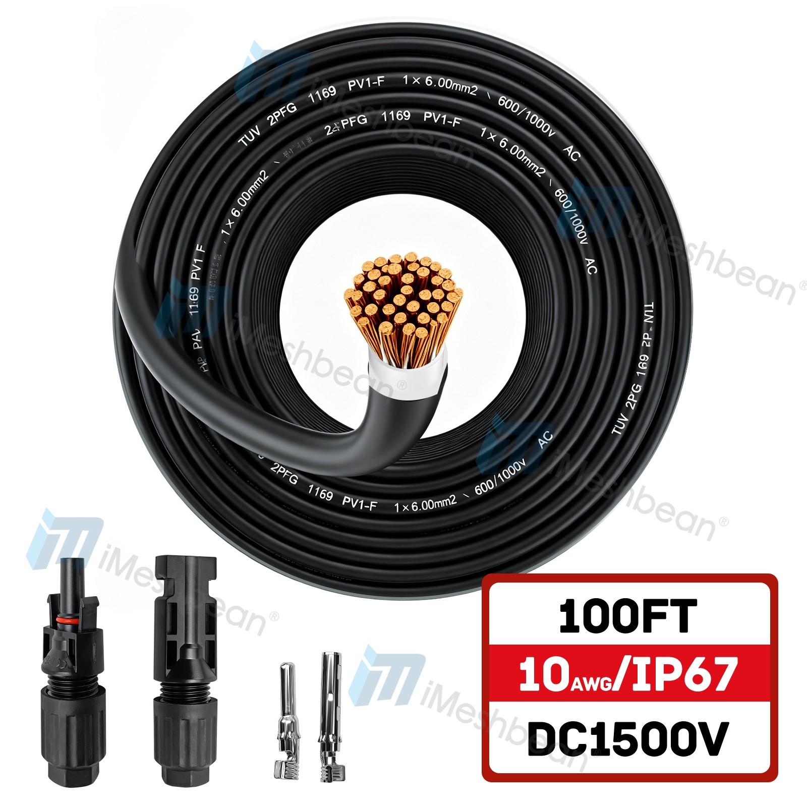 100FT 10AWG Black Solar Panel Extension Cable PV Wire Waterproof Solar Connector