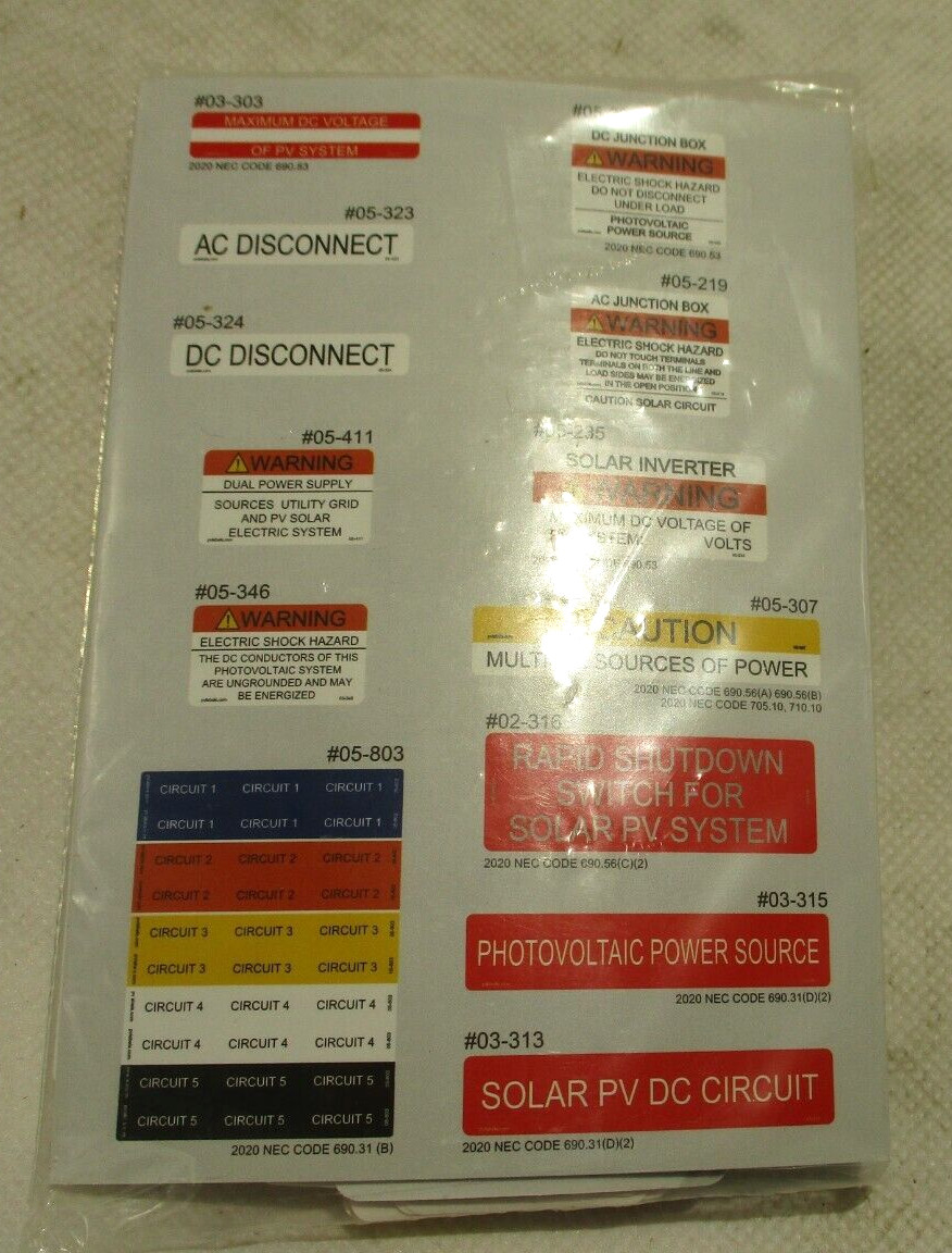 NEW PACK OF 85 PV LABELS NEC2020 SOLAR LABEL 05-520