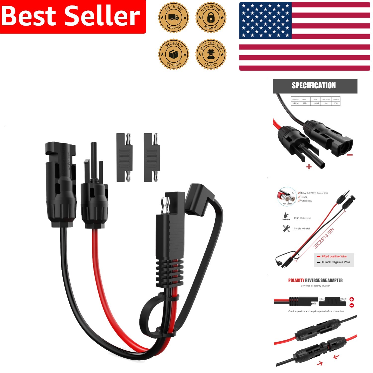 10AWG Solar Extension Cable 30cm SAE PV Wire w/ 2x Polarity Reverse Adapters