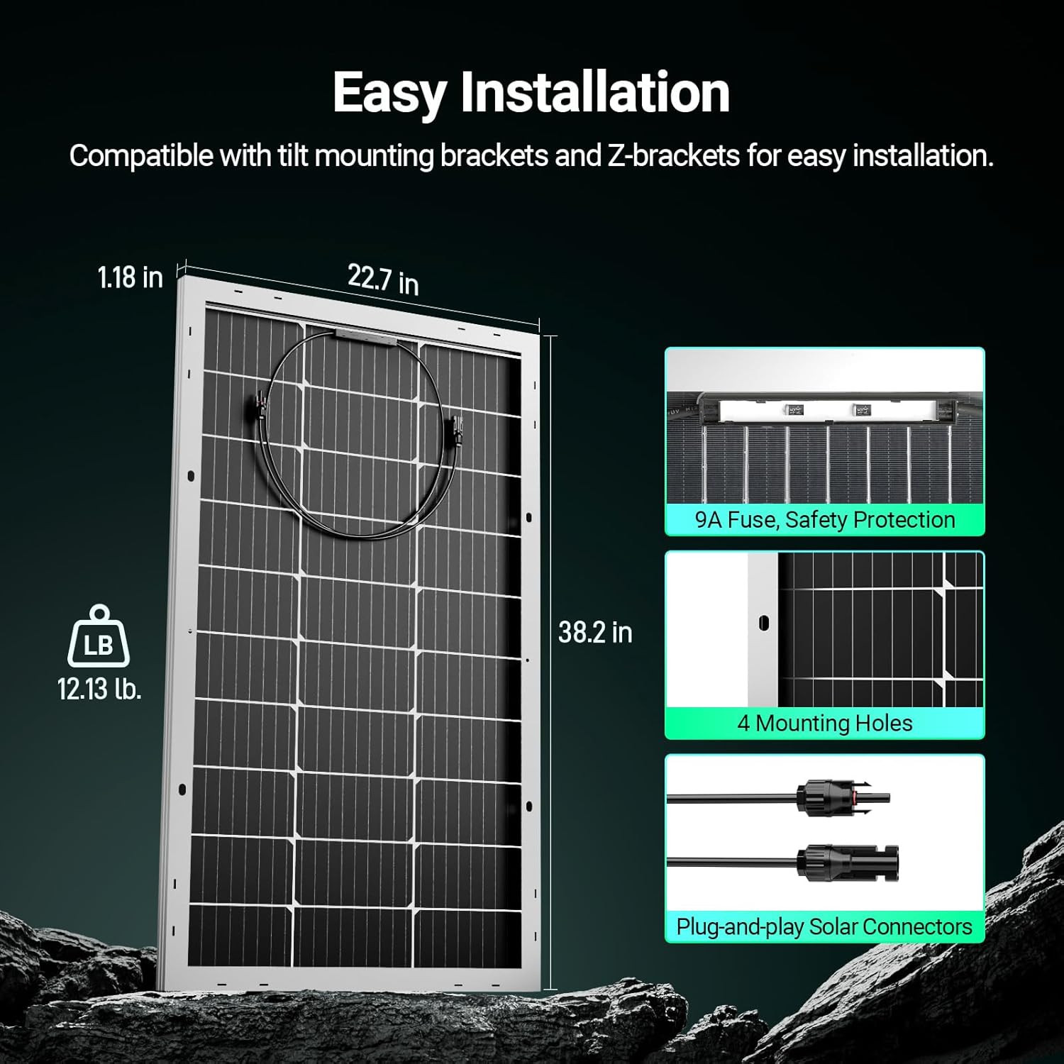 HQST-100W 12V Monocrystalline Solar Panel, High Efficiency Module PV Power for B