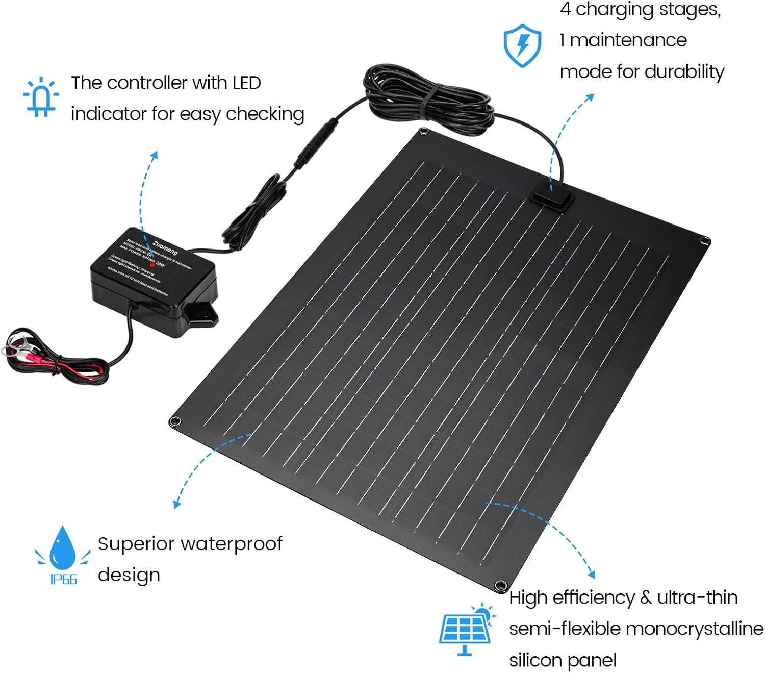 Solar Battery Charger Maintainer, 20W Solar Panel Kit for Dump Trailer Built-In