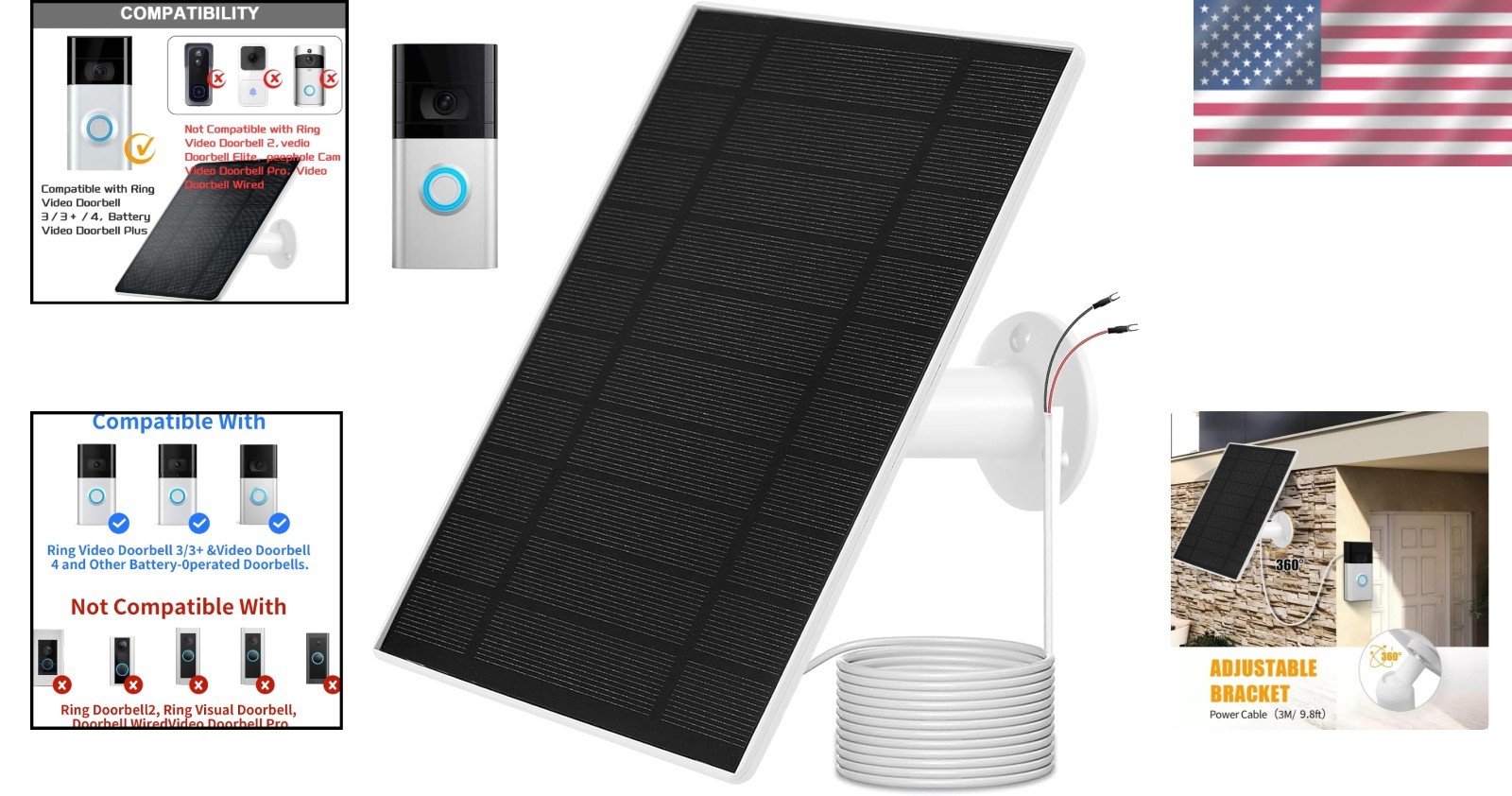 Solar Charger Compatible for Ring Video Doorbell 3/3 Plus/4/Battery Doorbell Plu