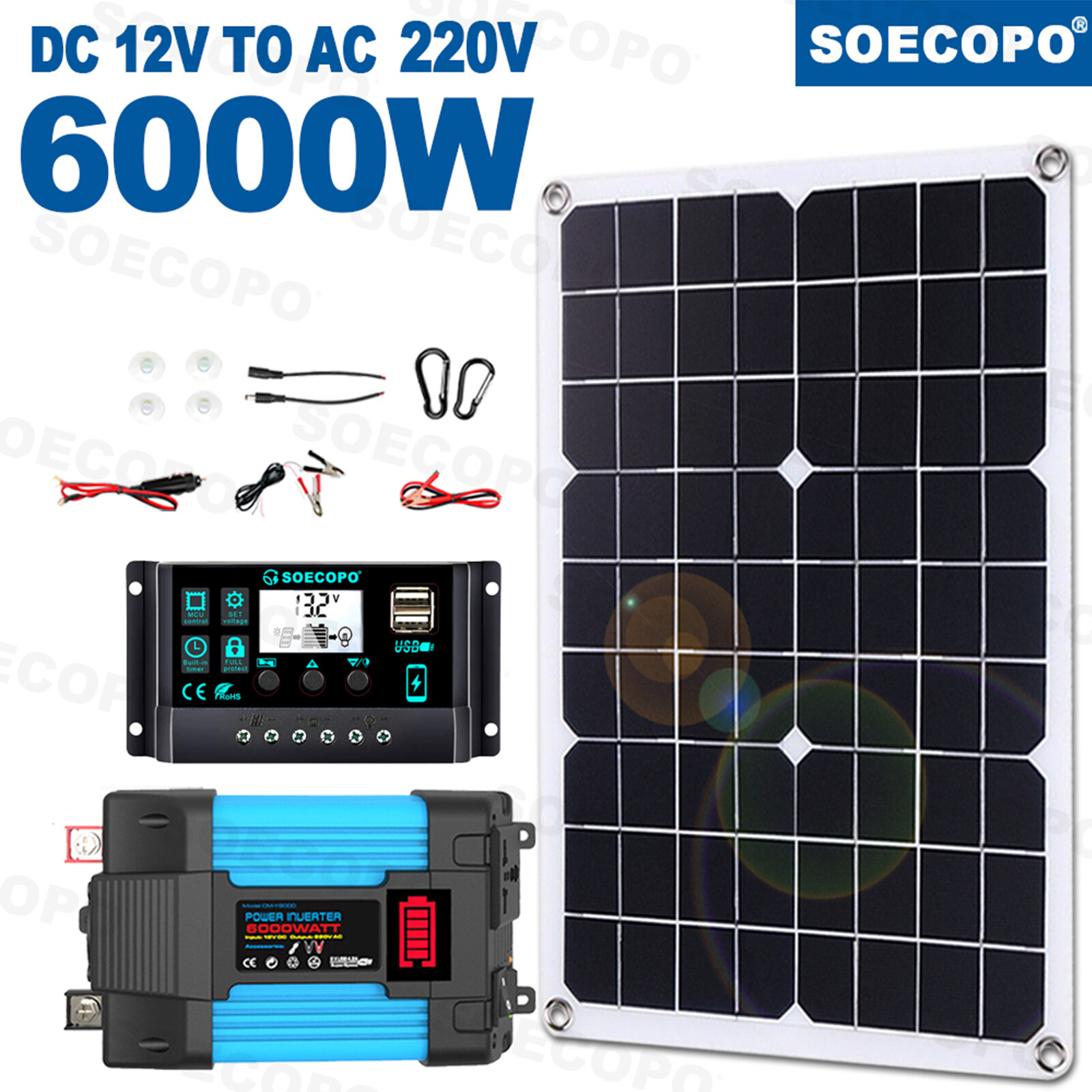 6000W Solar System DC12V to 110V/220V Inverter System100A Controller 500W Panel
