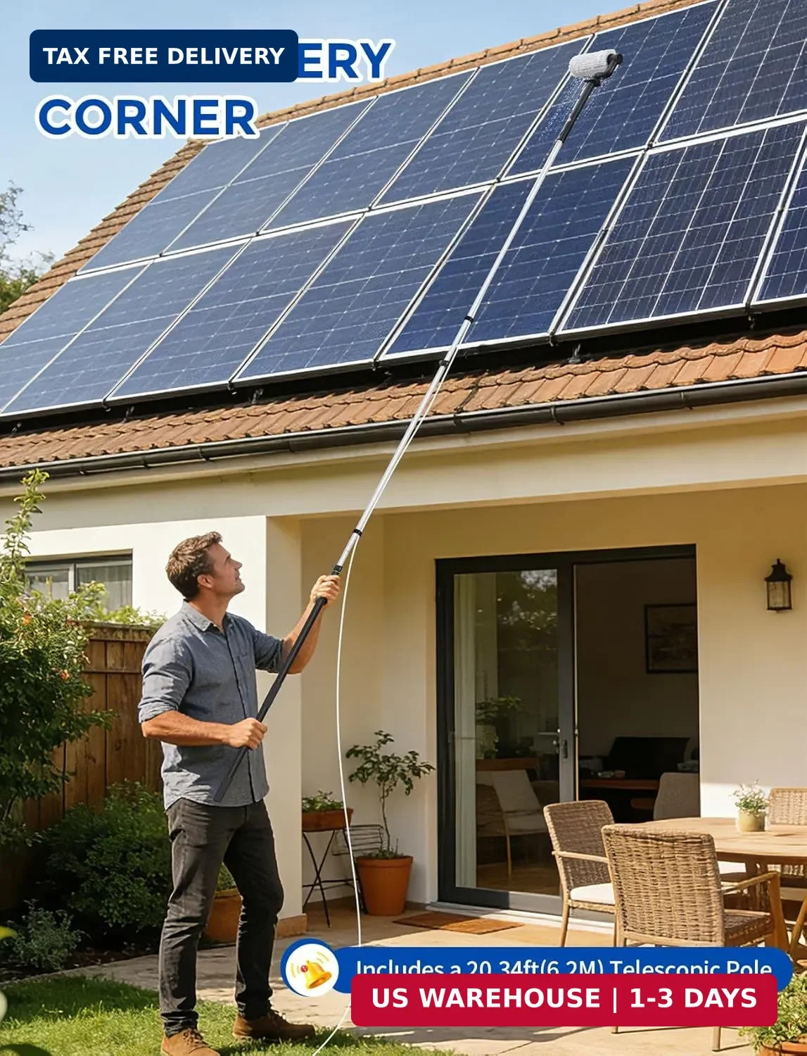 Electric Solar Panel Cleaning Kit, 20FT Solar Panel Cleaning Brush and Pole with