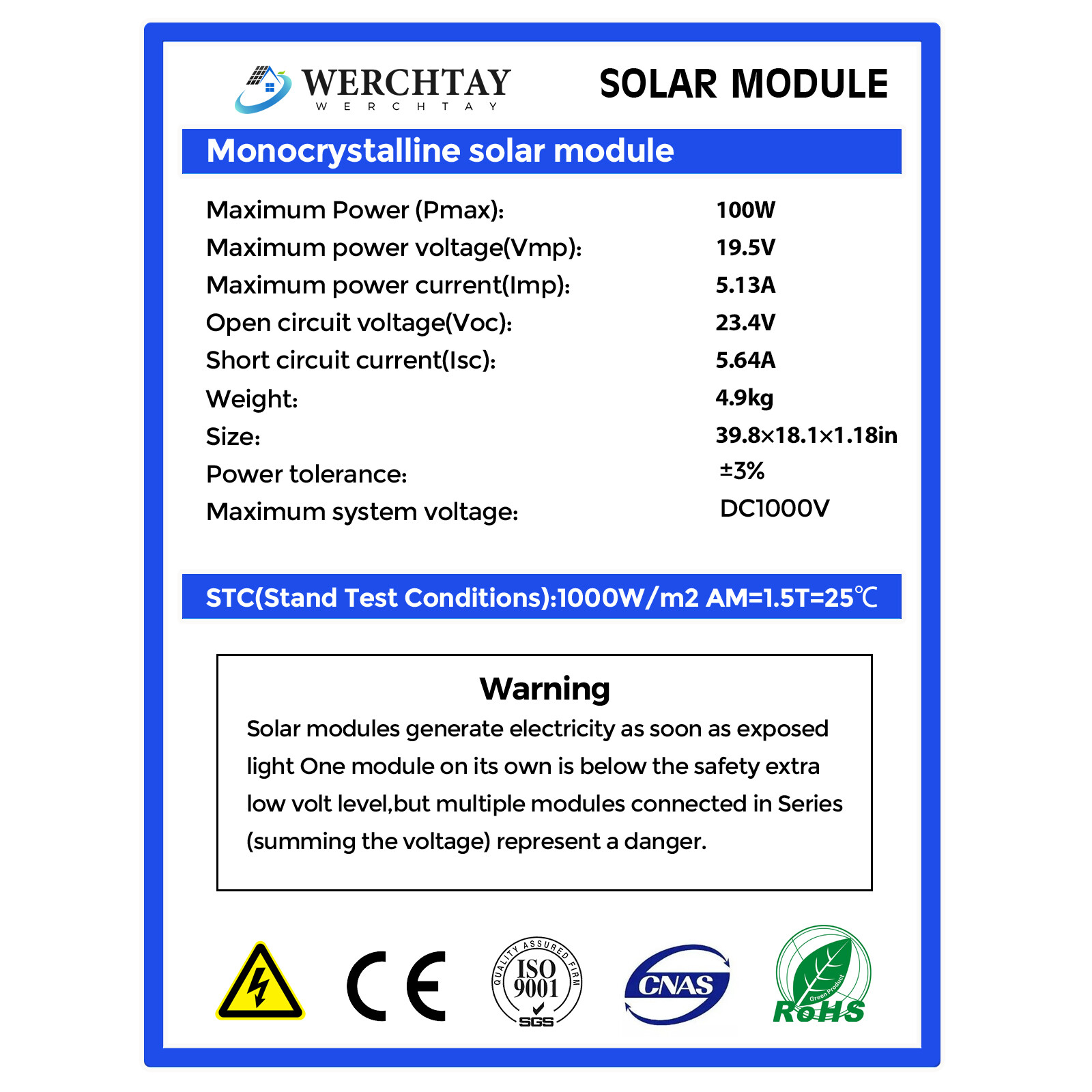 100W Solar Panel 12V PV Watt Monocrystalline Power Charger for RV Home Rooftop