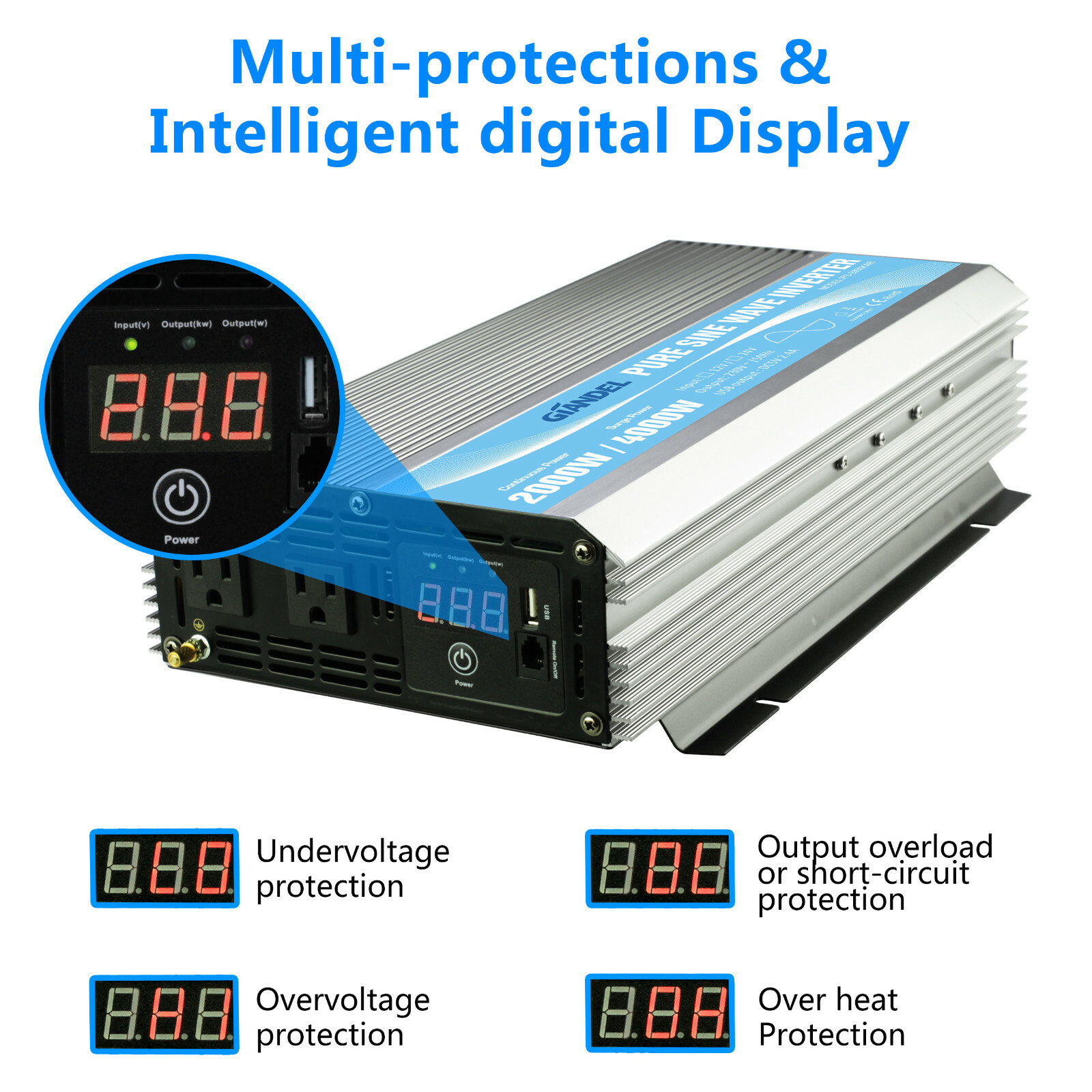 Pure Sine Power Inverter 2000W 24V to 110V~120V with Dual AC Outlets LED Display
