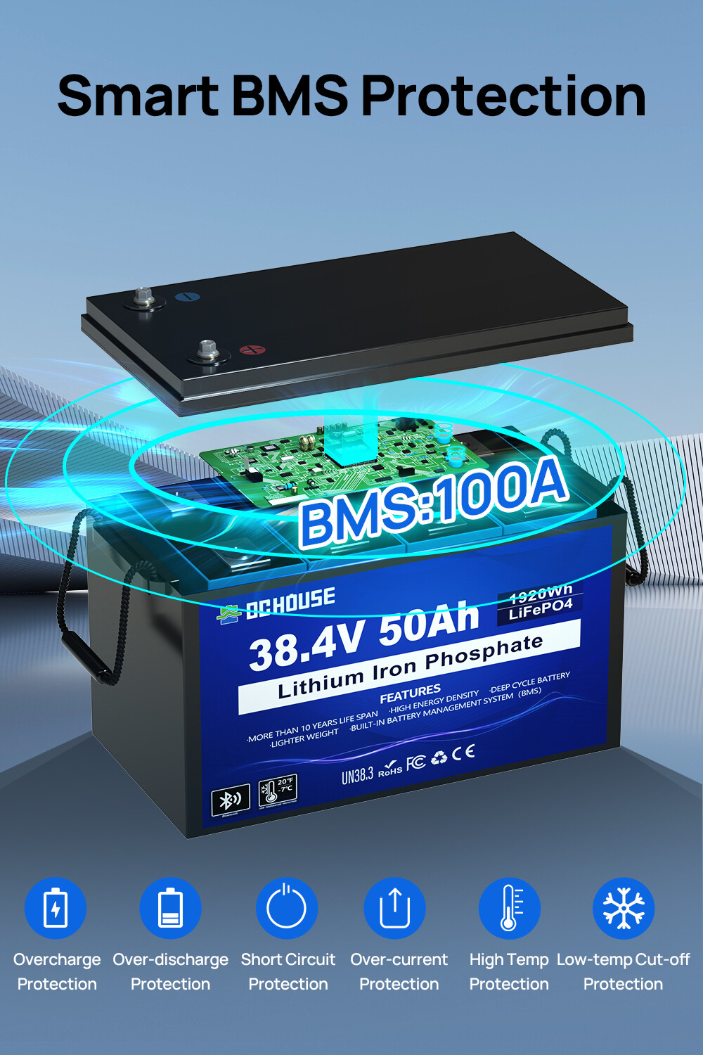 36V 50Ah Lithium Bluetooth Battery Smart Monitor Trolling Motor Solar