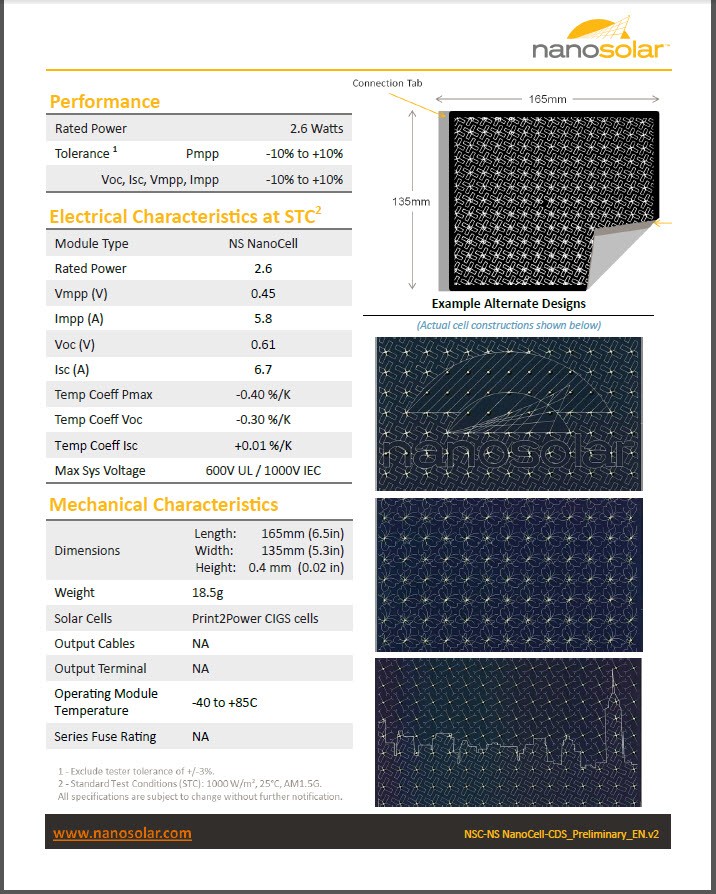 Nanosolar Nanocell 2.6 Watt Lightweight Flexible CIGS Single Solar Cell – 0.45V