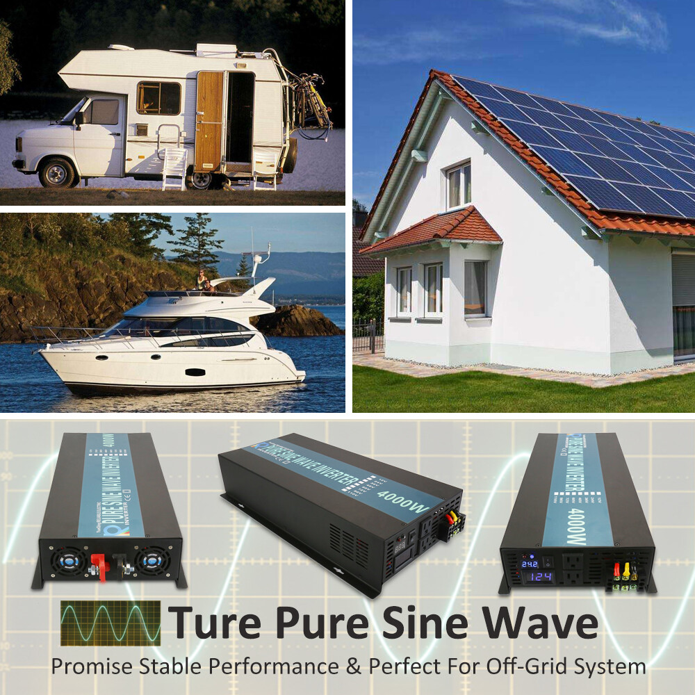 24V Pure Sine Wave Power Inverter 4000W Motor home Car Solar Home Remote Switch