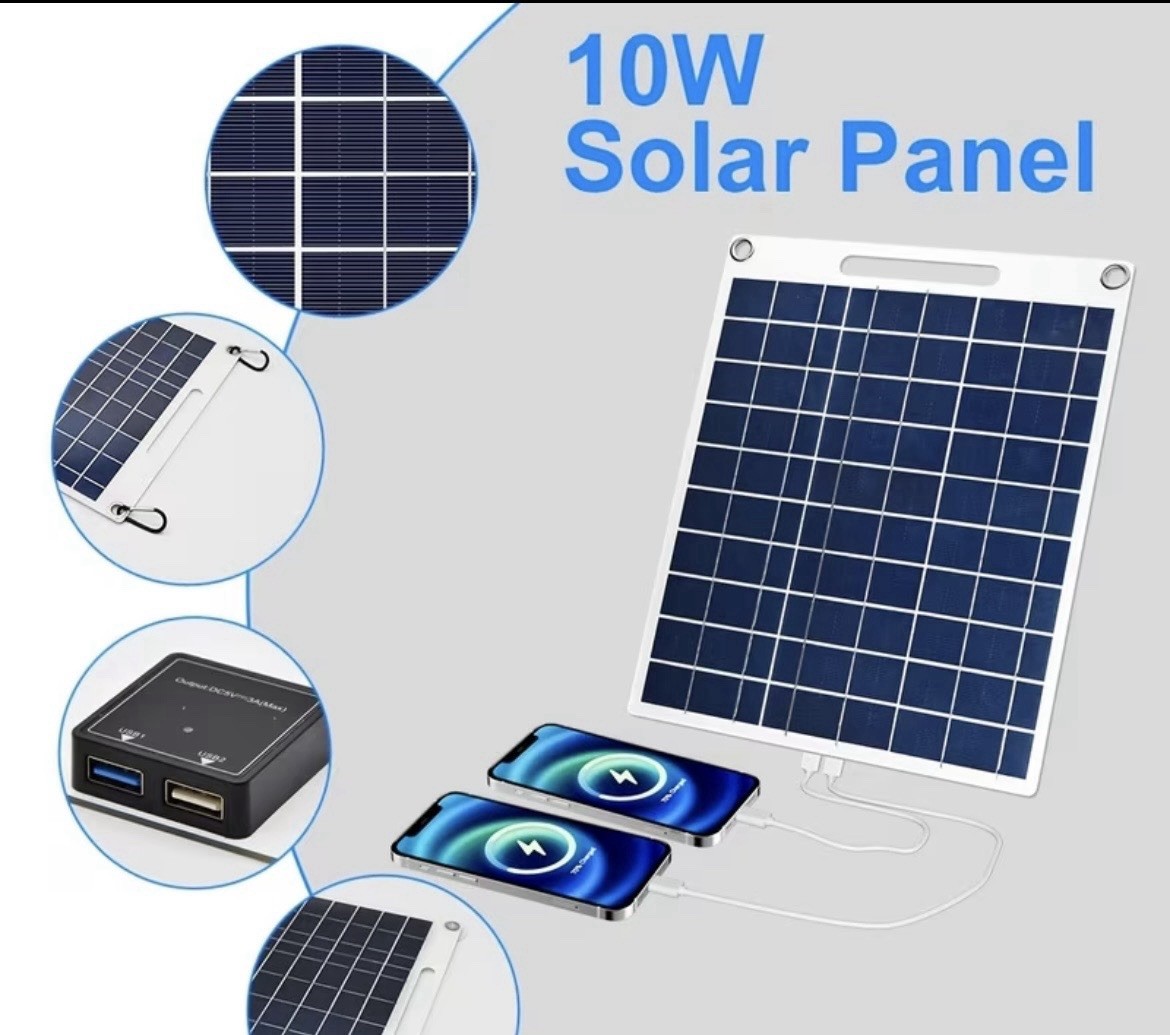 10W Portable Polycrystalline Waterproof Solar Panel USB, 30cm Off-Grid