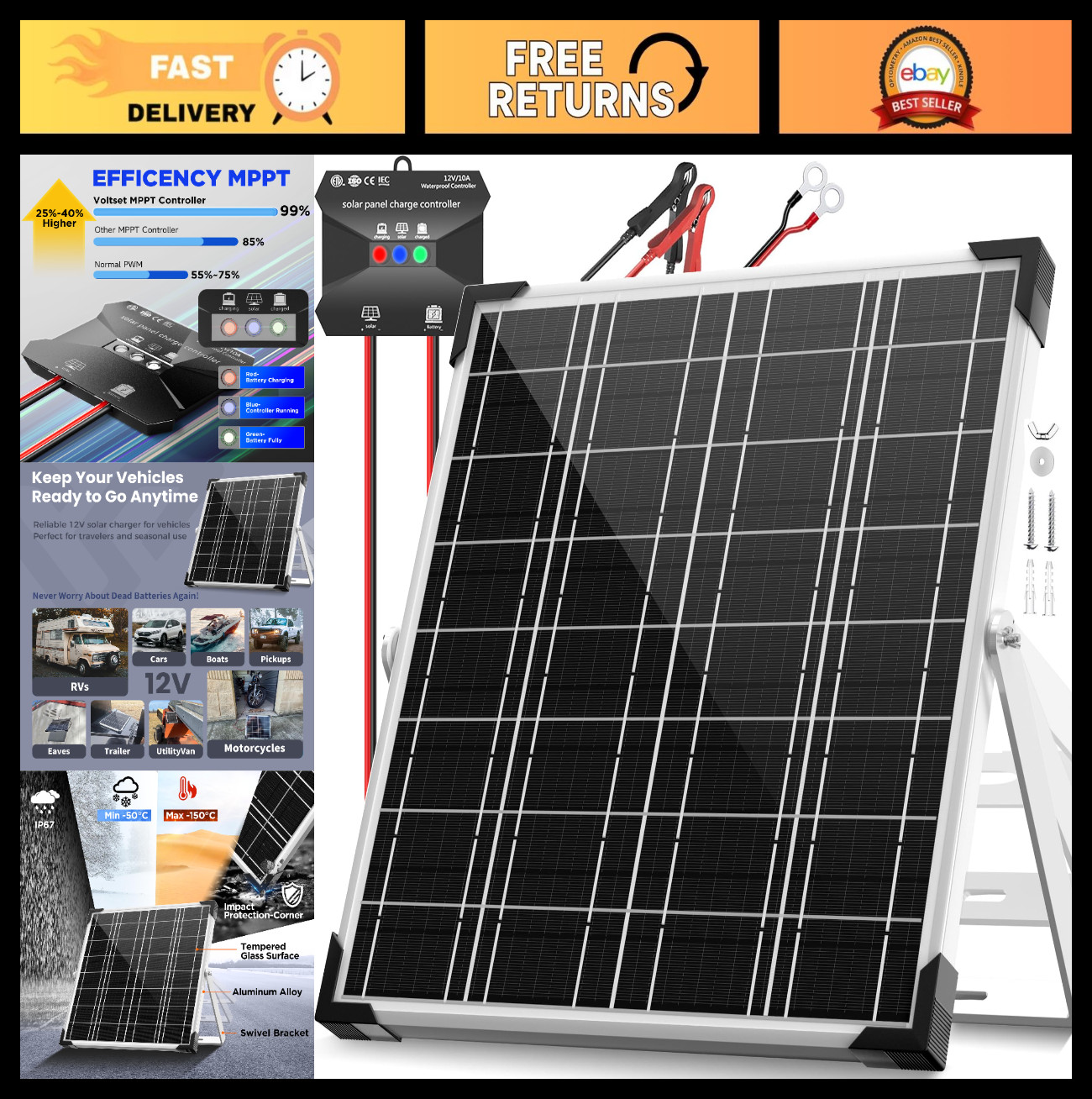 20W Waterproof 12V Solar Battery Charger Kit – Smart MPPT Trickle Maintainer for