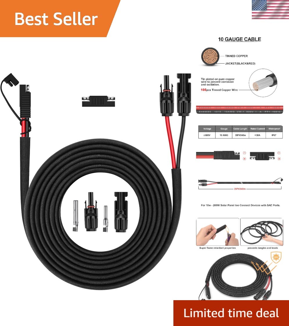 10AWG Solar Panel Connector Cable, 20Ft SAE to Male & Female for RV Power