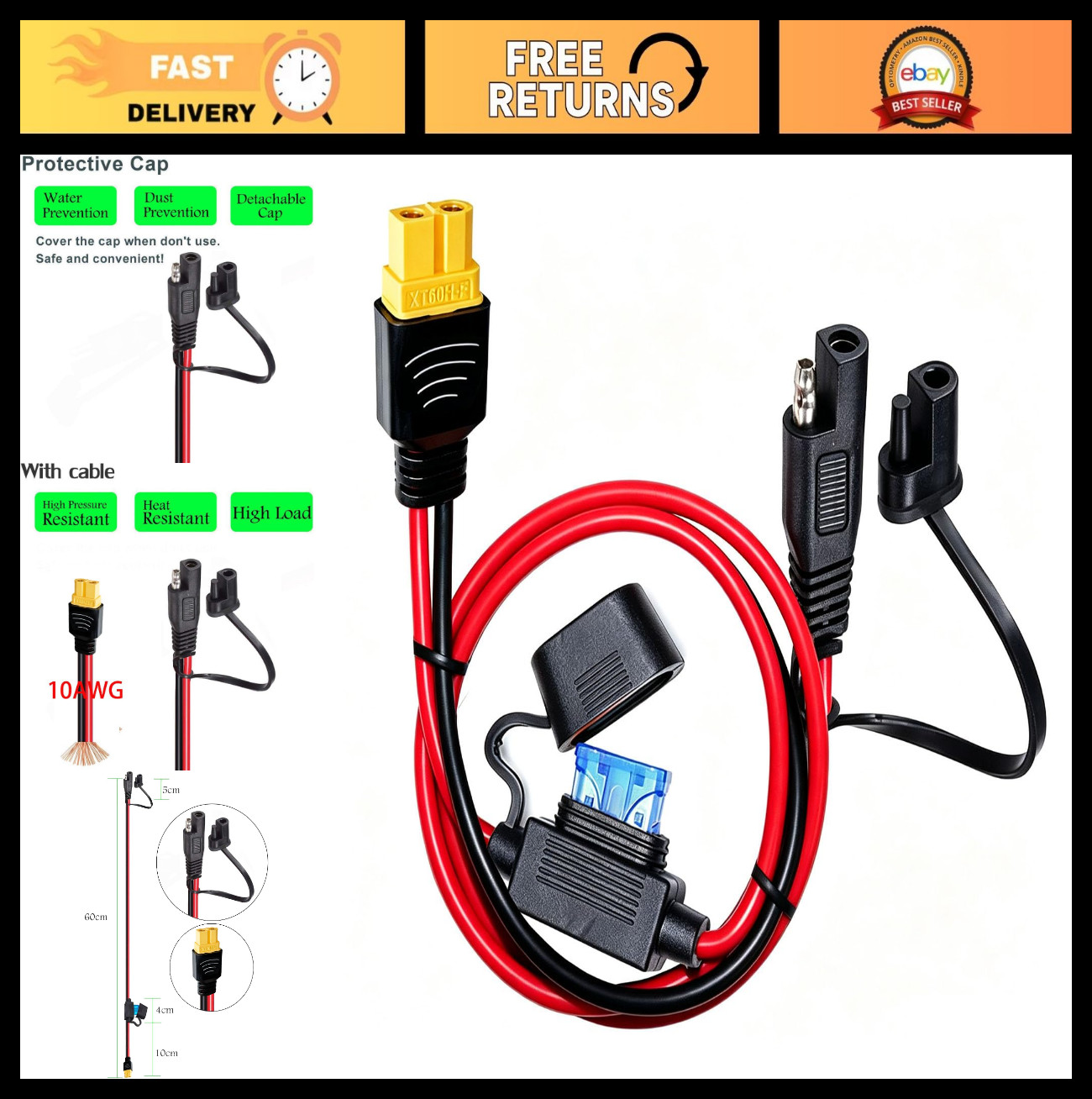 10AWG SAE to XT60 Extension Cable with 15A Fuse, Solar Charger Adapter, 2FT