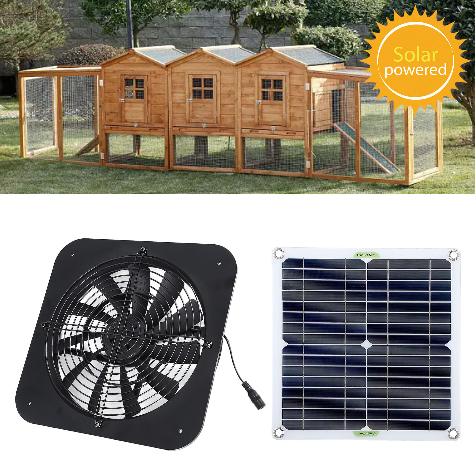 13in Solar Power Fan W/Solar Panel For Room Attic Kitchen Pet Cage Ventilation