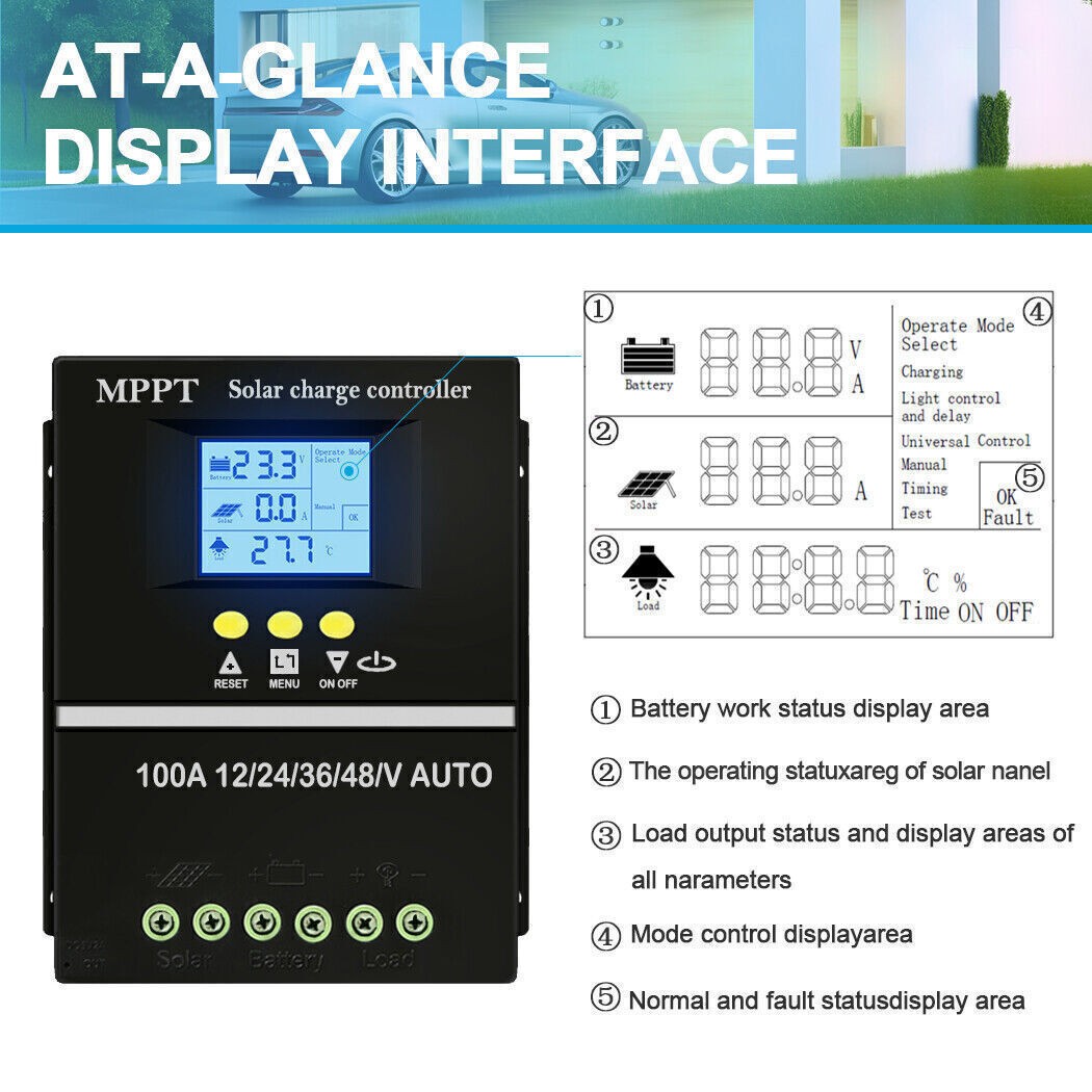 100A Solar Controller 12V 24V 36V 48V Battery Regulator for Lead-Acid/Lithium