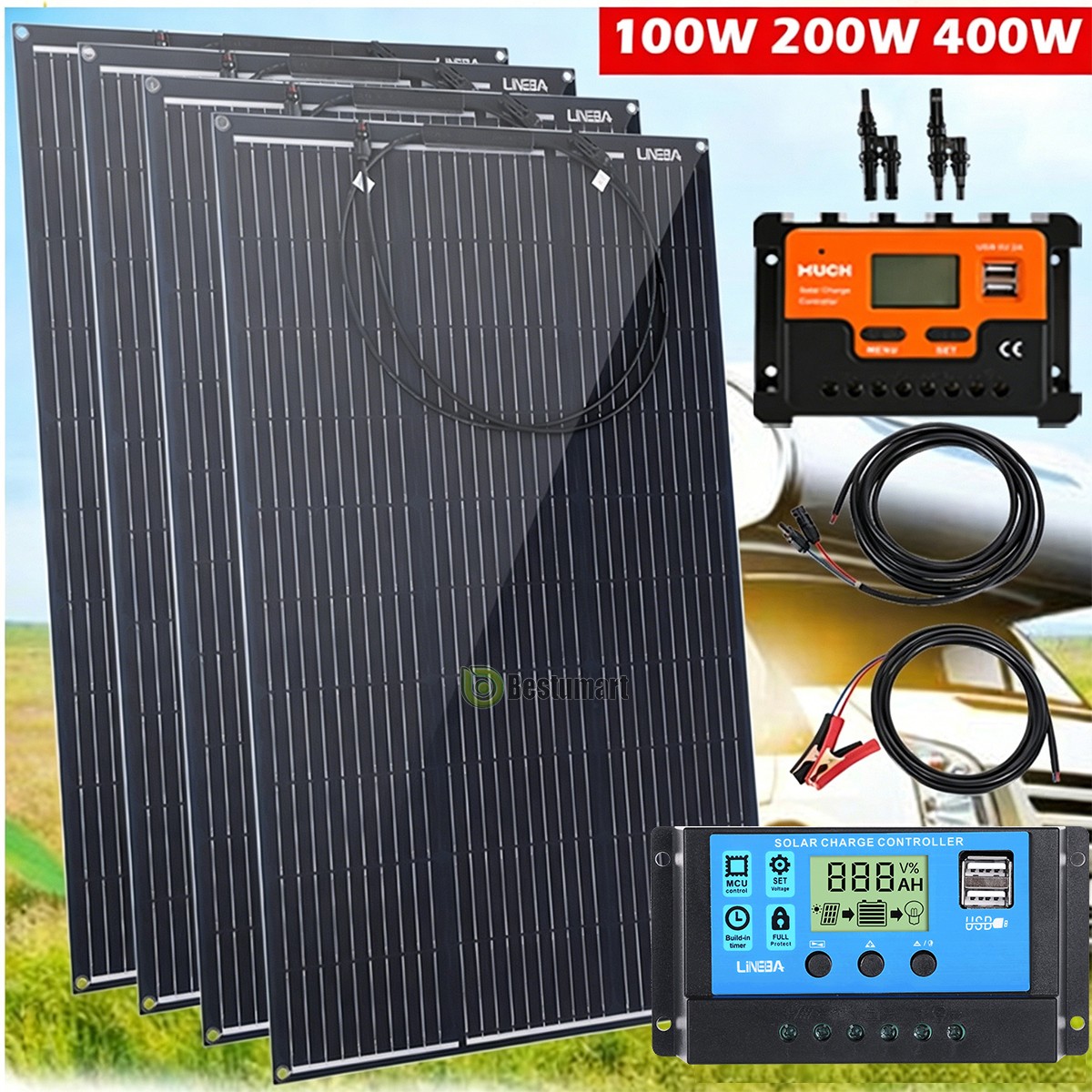 4 x 100W watt Portable Flexible Solar Panel Bendable Thin Mono For RV Roof Home