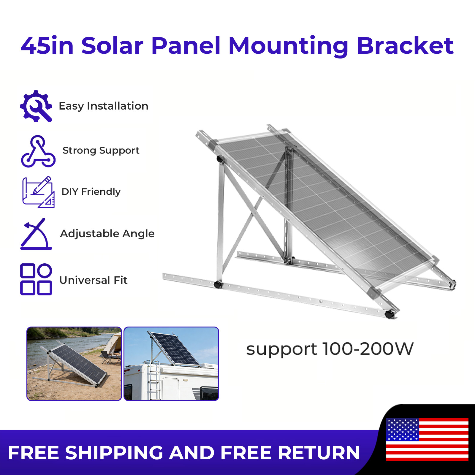 AeternaSol 45in Adjustable Solar Panel Mounting Brackets for Garden/Farm/RV/Boat