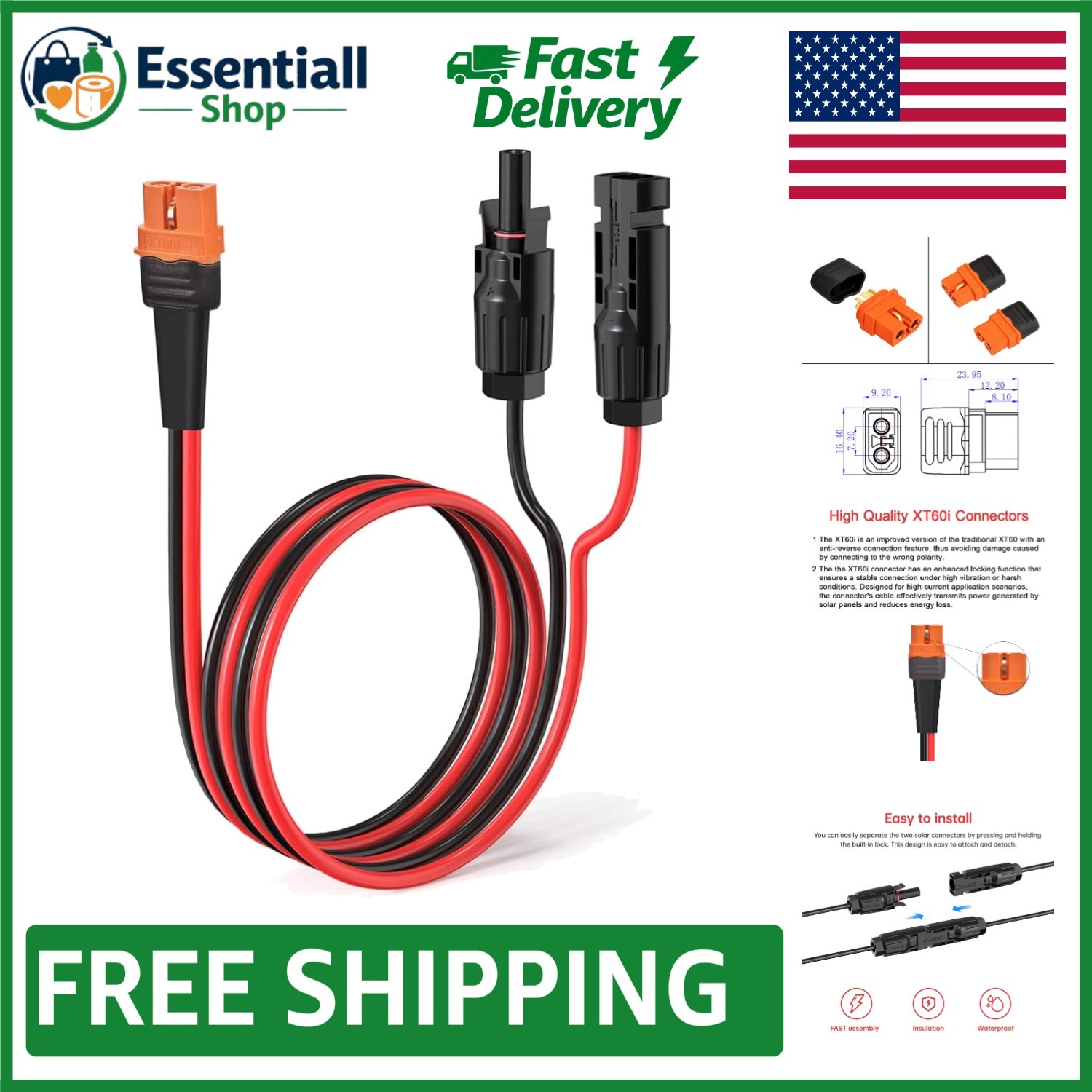 Portable Power Station 2FT Solar to XT60i Cable – Anti-Reverse Design for Safety