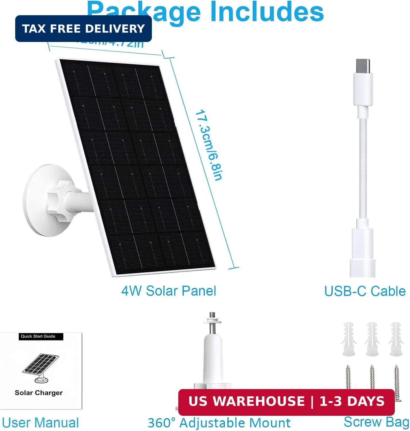 4W Solar Panel for WYZE Camera, USB-C & Micro USB Adapter, 9.8Ft Cable, IP66 Wat