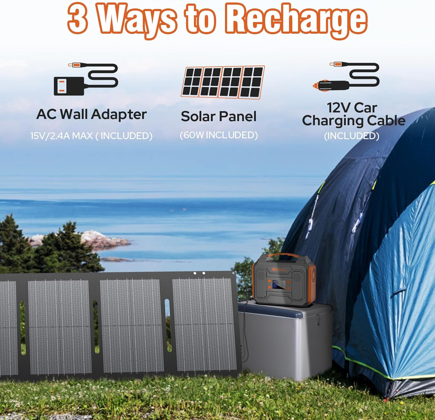 Portable Solar Generator 300W Power Station with Foldable 60W Solar Panel, Porta