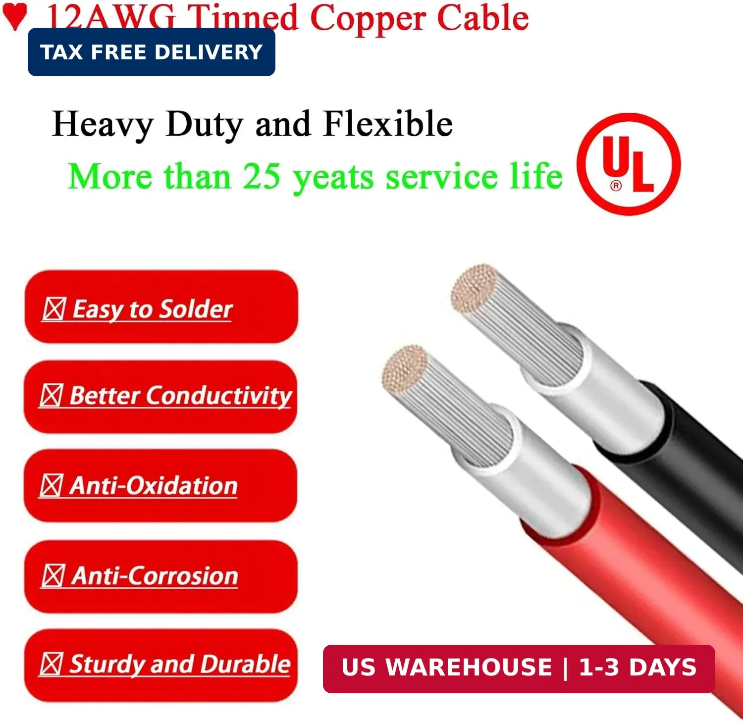 12AWG 25FT Solar to XT60 Cable,Solar Charge Cable with XT60 Female Adapter for P