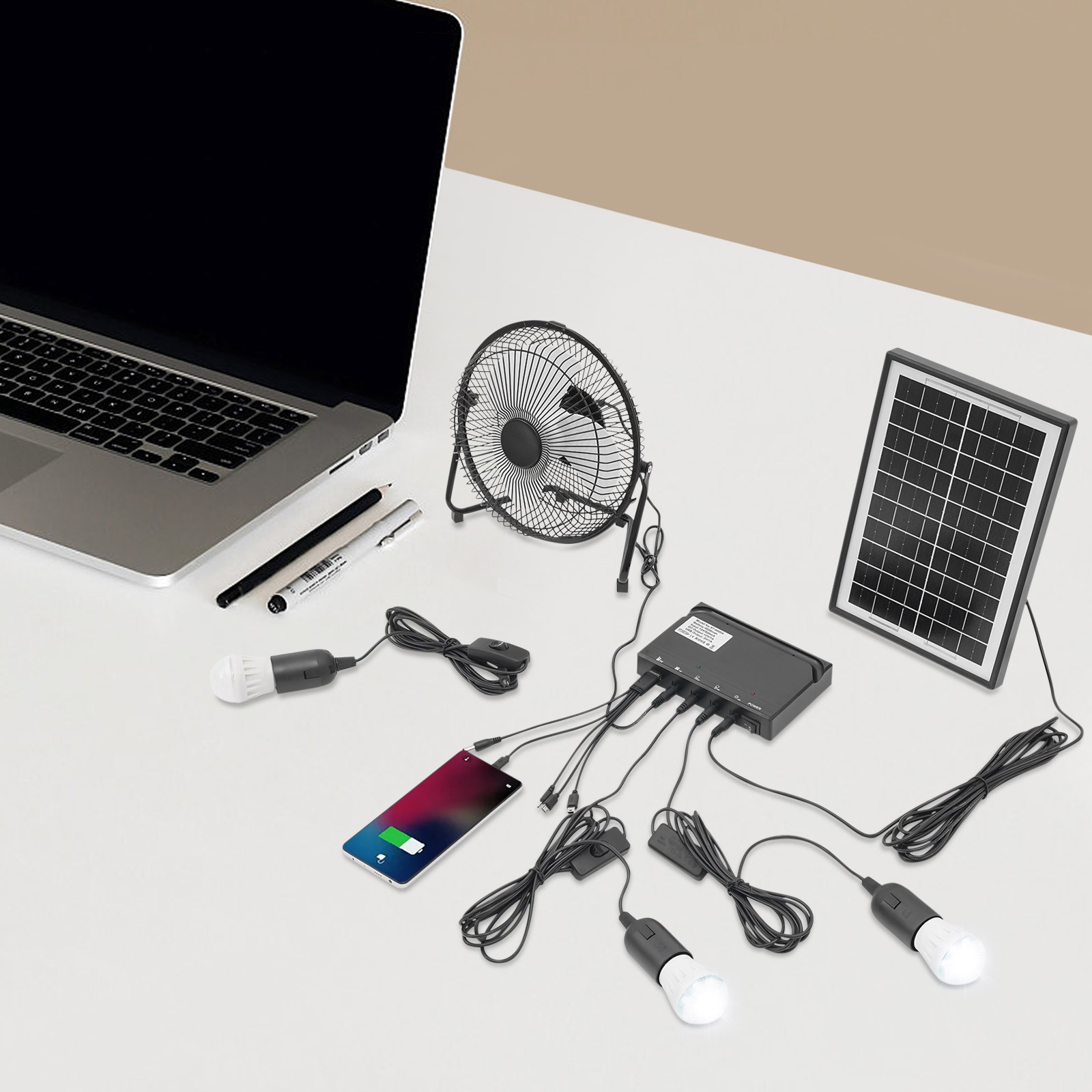 Solar Lighting & Fan Kits with 3 Bulbs USB Charging for Home Outdoor Camping