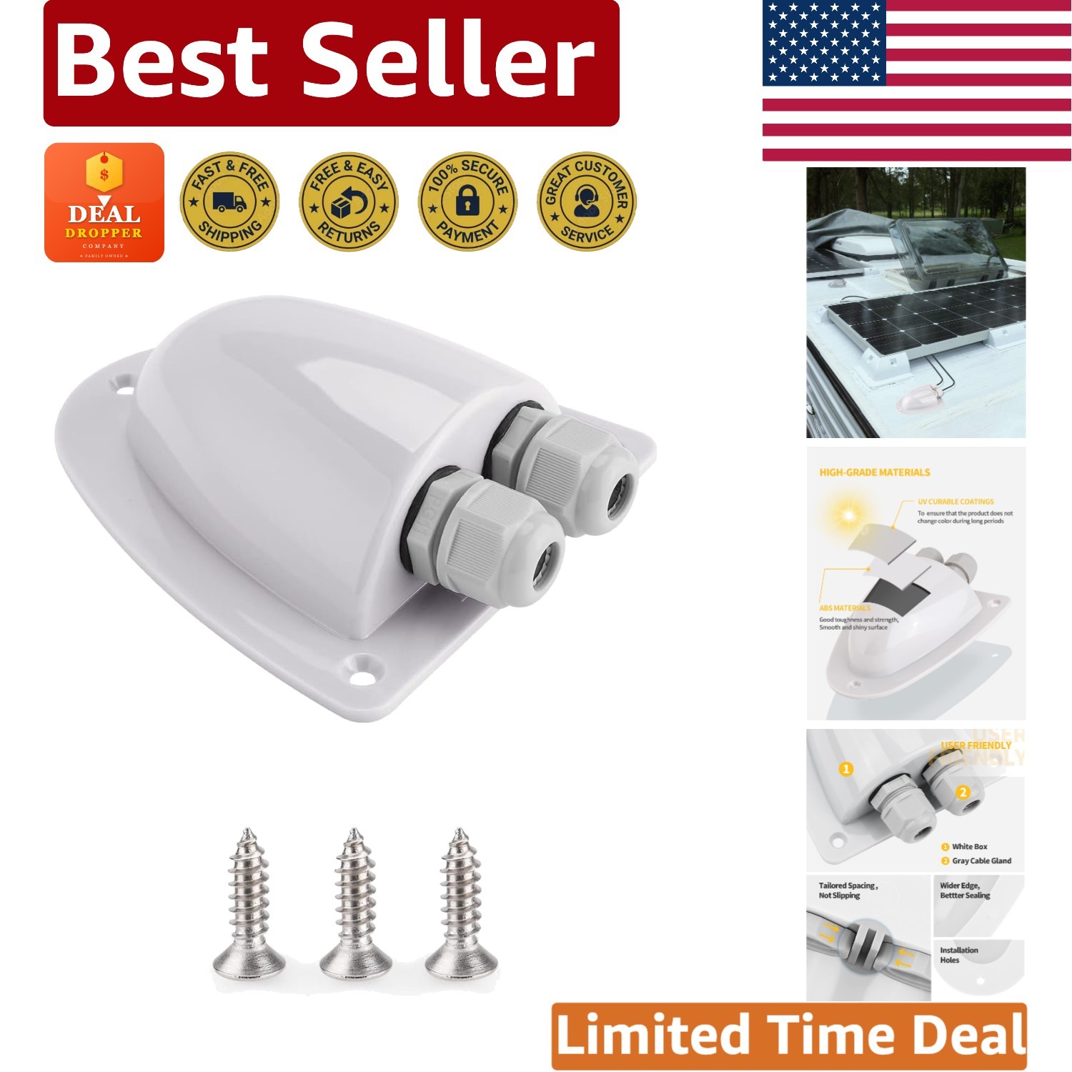 White Solar Double Cable Entry Gland Box, Ideal for RVs & Marine Use