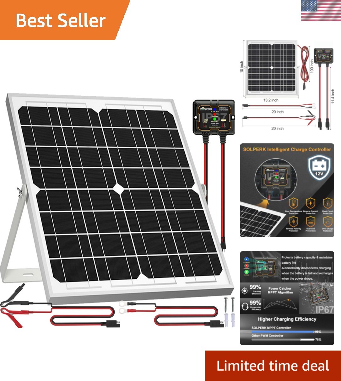 Durable 20W 12V Solar Panel with Smart MPPT Controller & Adjustable Bracket