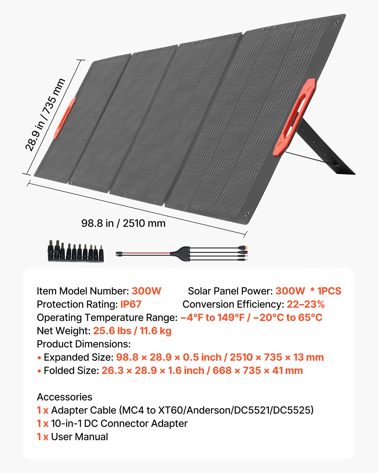 VEVOR 300W Foldable Monocrystalline Solar Panel Portable ETFE Mono Solar Charger