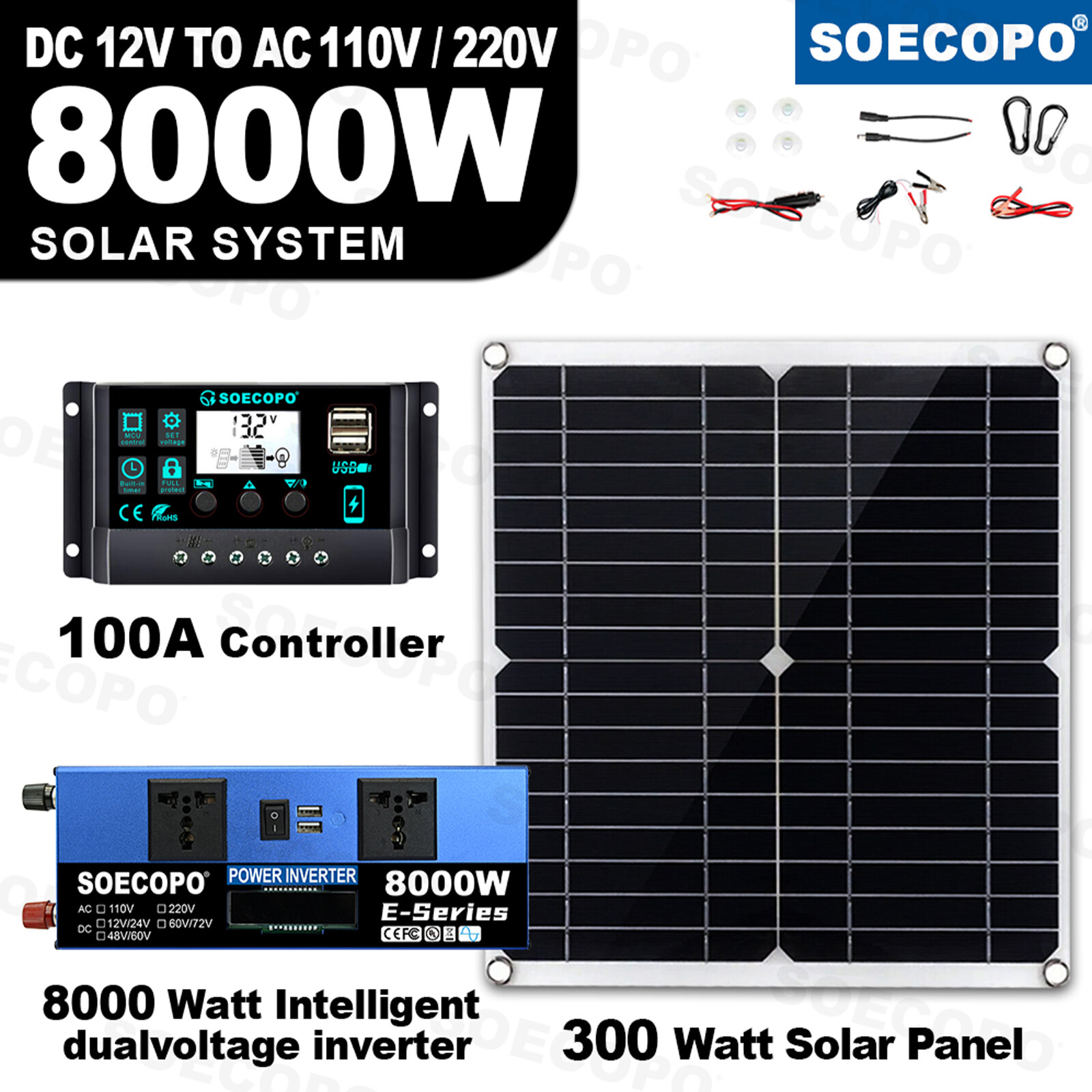 Solar Full 8000w 110/220V Inverter 300W Solar Panel Home 100A Controller System