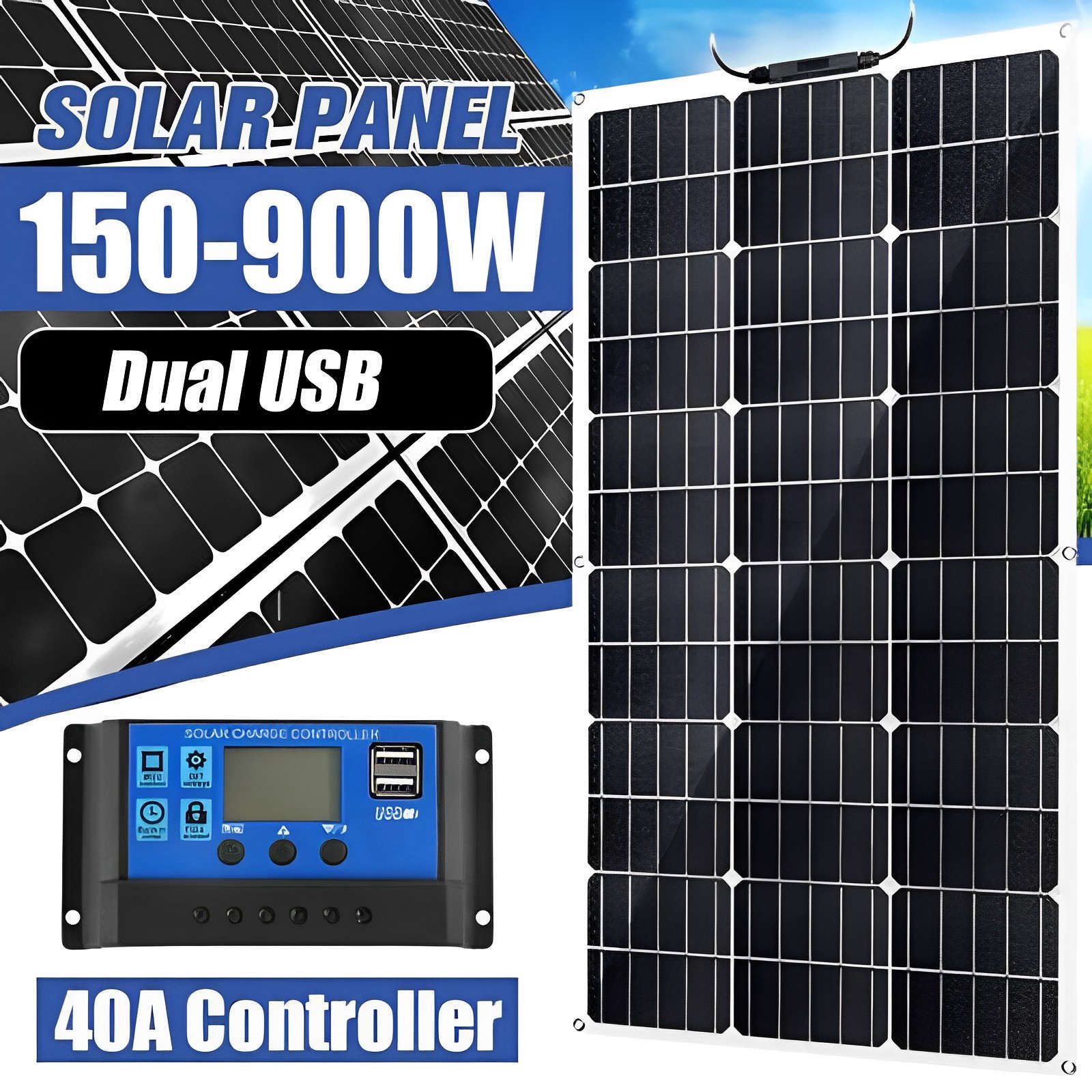 1500W Solar Panel Kit 12V with 40A Solar Charge Controller Dual 5V USB Outputs