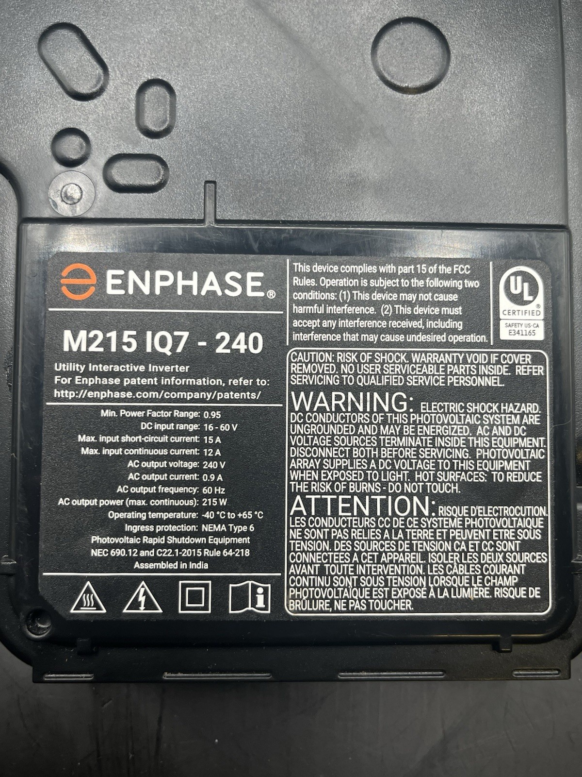Enphase M215 IQ7-240 Utility-Interactive Solar Microinverter 240V AC Black