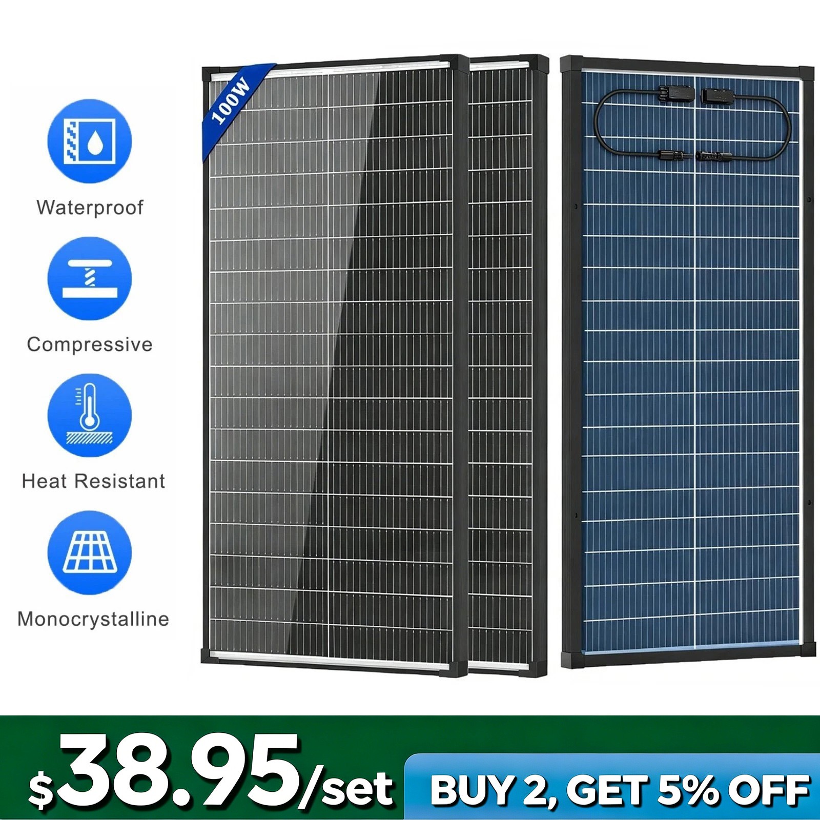 100Watt Bifacial Solar Panel 2Pack(200W) Mono N-Type 18V PV Home Power Off-Grid